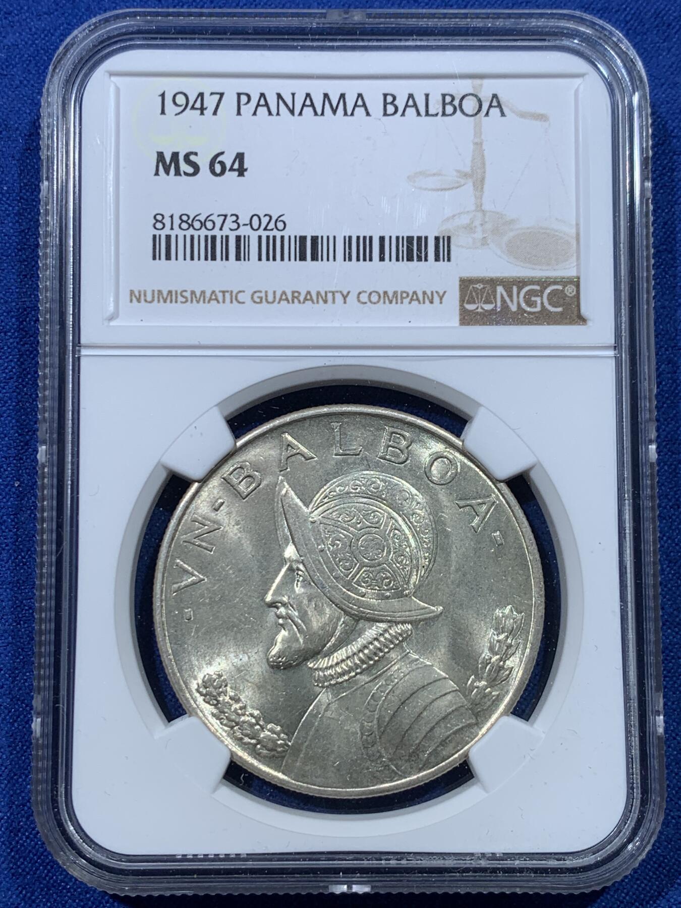 《竞宝斋》第352场 周日，周一 2场连拍 （全场包邮） NGC MS64 巴拿马1947年1巴波亚银币，背面女神图案漂亮，品相佳。