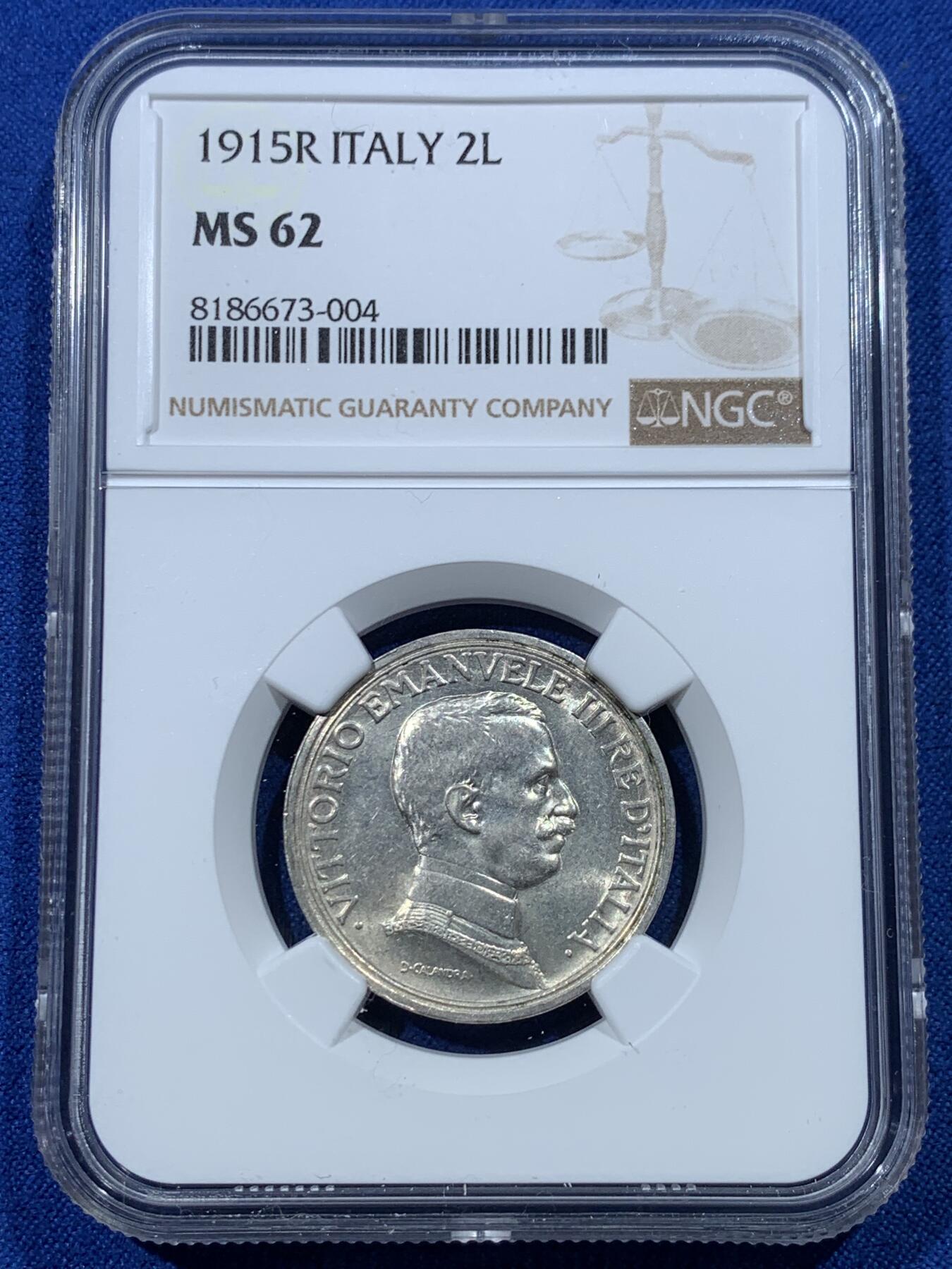 《竞宝斋》第352场 周日，周一 2场连拍 （全场包邮） NGC MS62 意大利1915年马车女神2里拉银币