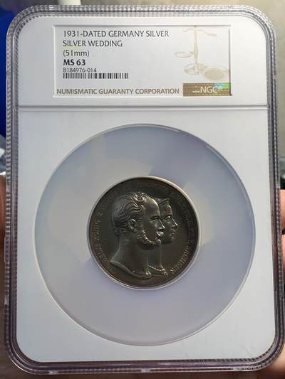 《竞宝斋》第352场 周日，周一 2场连拍 （全场包邮） - NGC MS63 德国1931年普鲁士威廉一世结婚纪念大银章 五彩包浆 十分养眼 51mm大规格  加大加厚盒难得