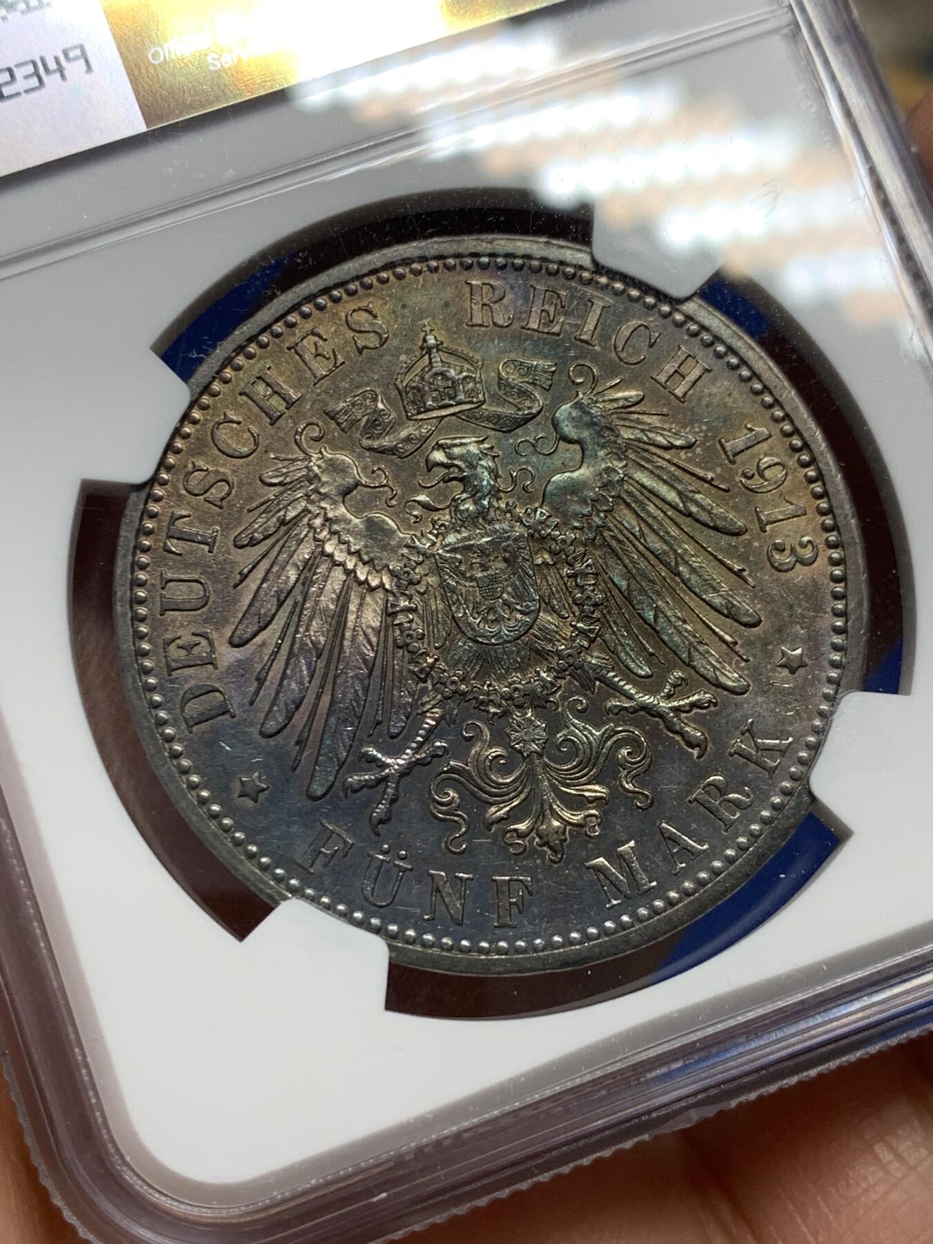 《竞宝斋》第352场 周日，周一 2场连拍 （全场包邮） NGC AU 德国1913年巴登5马克银币