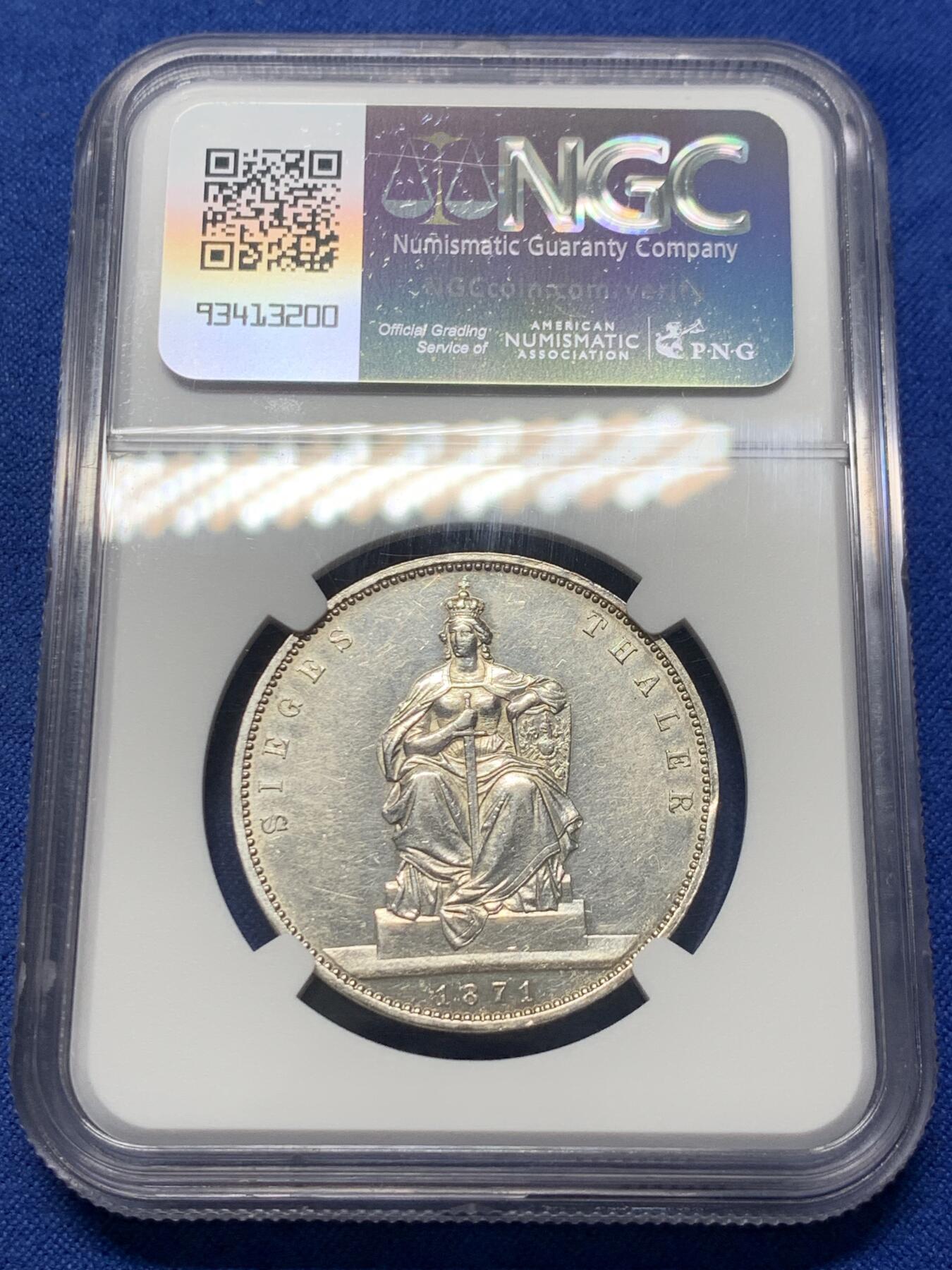 《竞宝斋》第352场 周日，周一 2场连拍 （全场包邮） NGC AU58 德国普鲁士1871年胜利泰勒银币 高点清晰 带搞好品