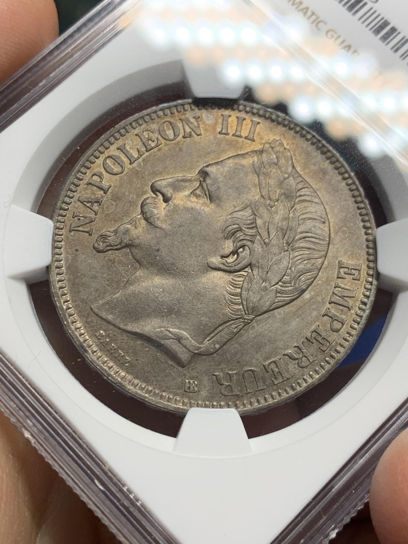 《竞宝斋》第352场 周日，周一 2场连拍 （全场包邮） NGC UNC 法国1869年拿破仑三世5法郎BB版银币