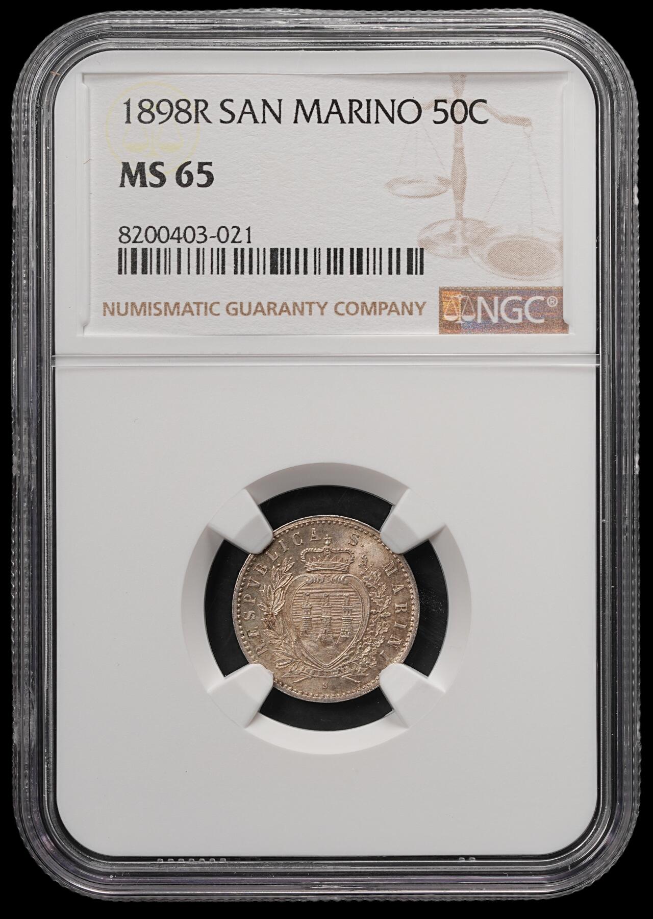 修遠堂世界钱币第五十七期 NGC MS65 1898年圣马力诺50分银币 纸袋包浆 仅铸造4万枚