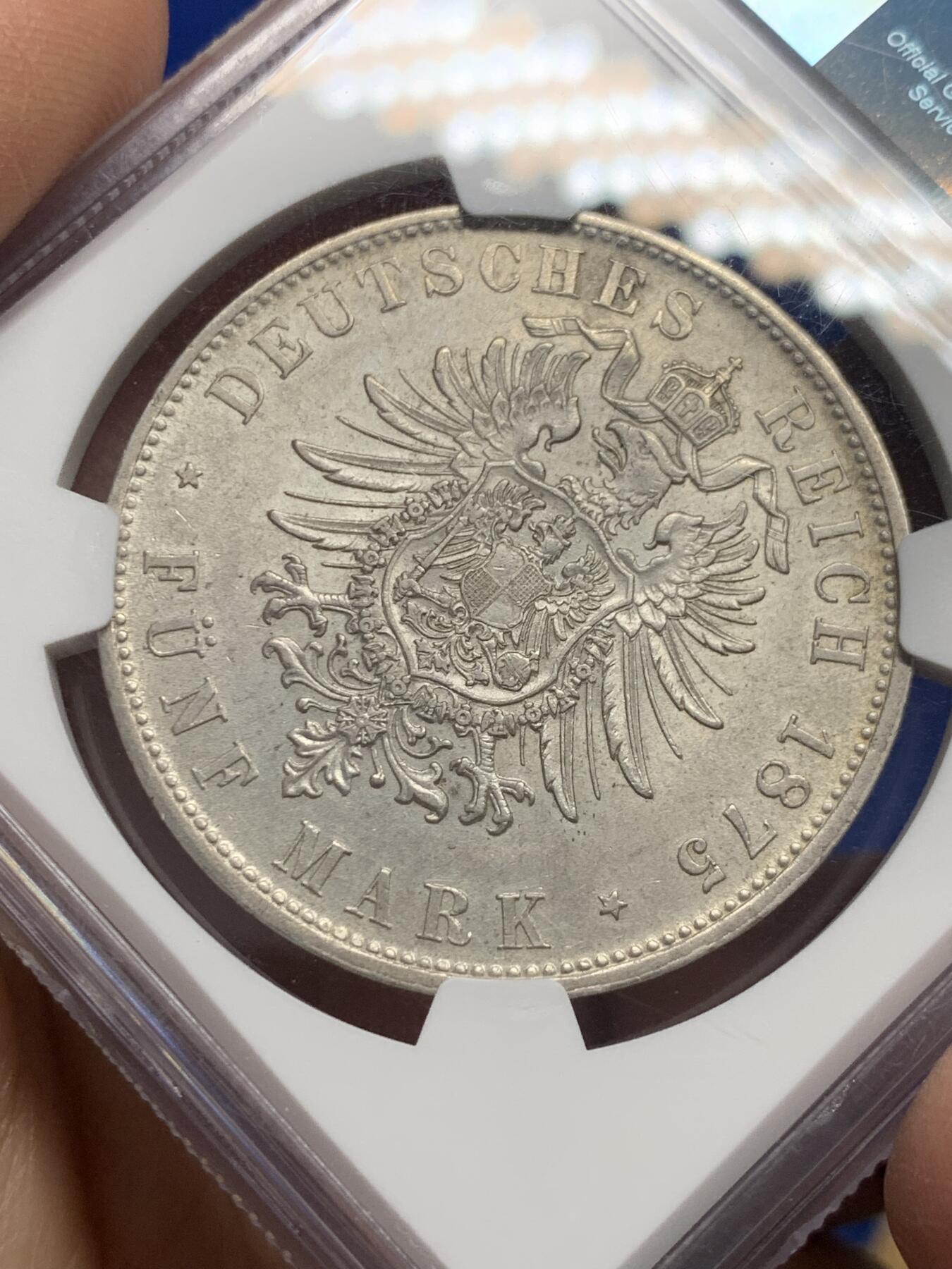 《竞宝斋》第352场 周日，周一 2场连拍 （全场包邮） NGC AU58 德国 巴伐利亚 1875年 路德维希二世5马克银币流通充分好品难觅，欧陆淡灰色包浆！