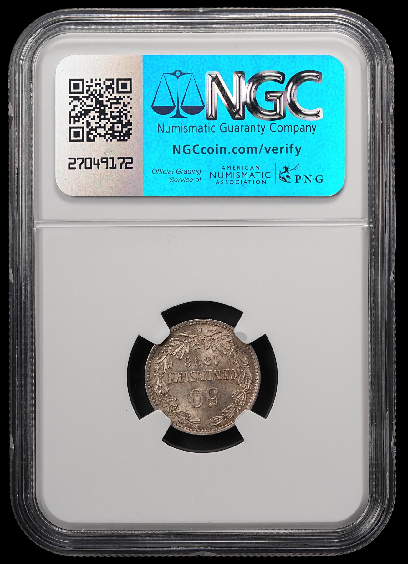 修遠堂世界钱币第五十七期 NGC MS65 1898年圣马力诺50分银币 纸袋包浆 仅铸造4万枚