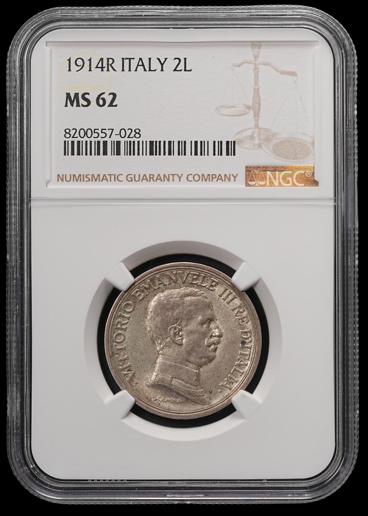 修遠堂世界钱币第五十七期 NGC MS62 1914年意大利马车2里拉银币