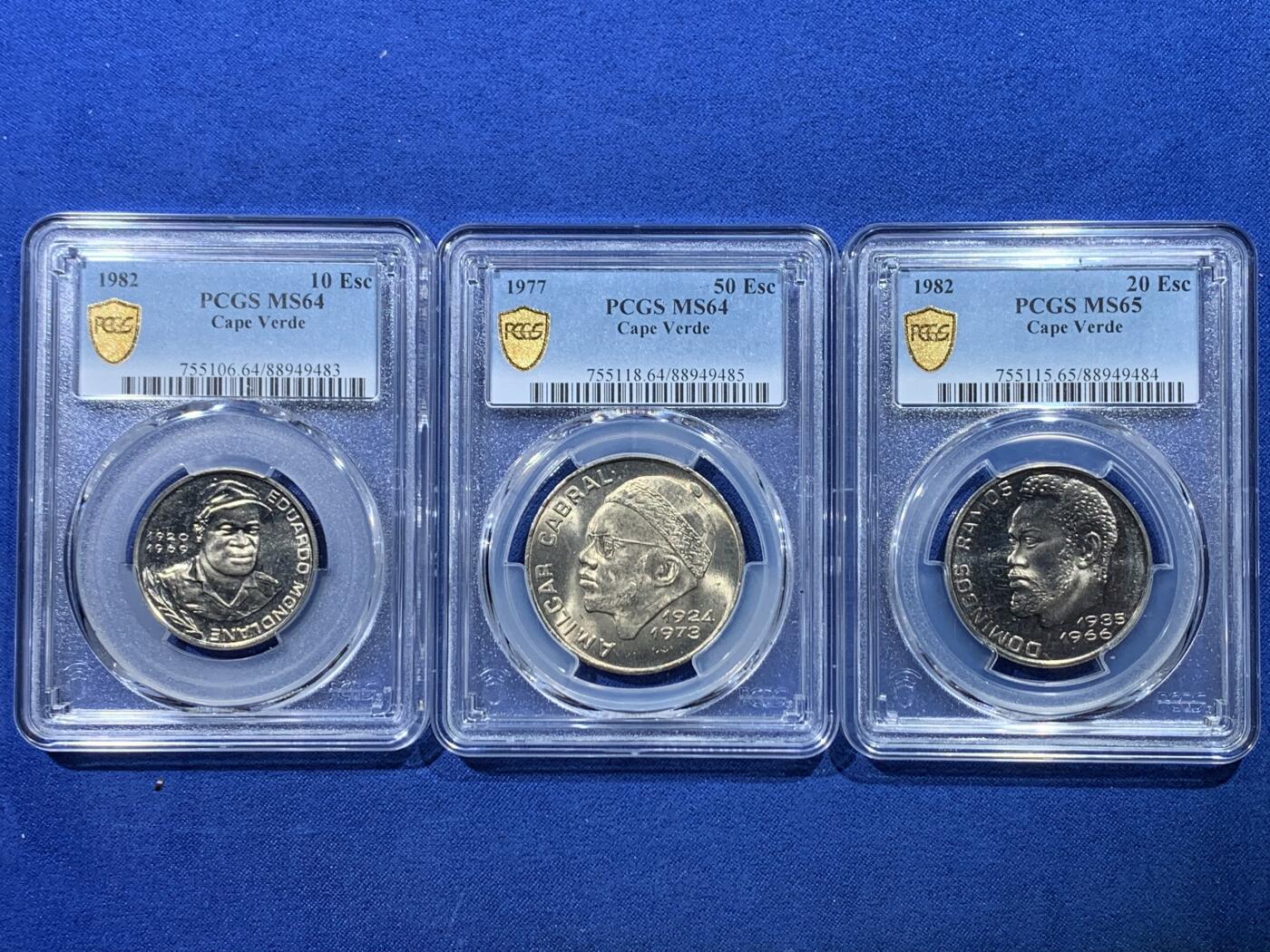 《竞宝斋》第352场 周日，周一 2场连拍 （全场包邮） 3枚一组 PCGS MS64-65 佛得角独立首版流通币3枚，3位反抗葡萄牙殖民领袖头像，10/20/50埃斯库多。