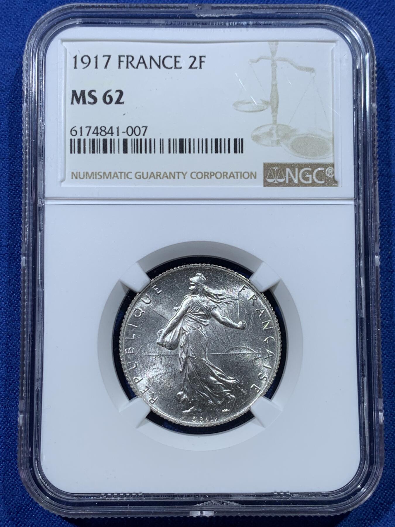 《竞宝斋》第352场 周日，周一 2场连拍 （全场包邮） NGC MS62 法国1917年播种女神2法郎银币