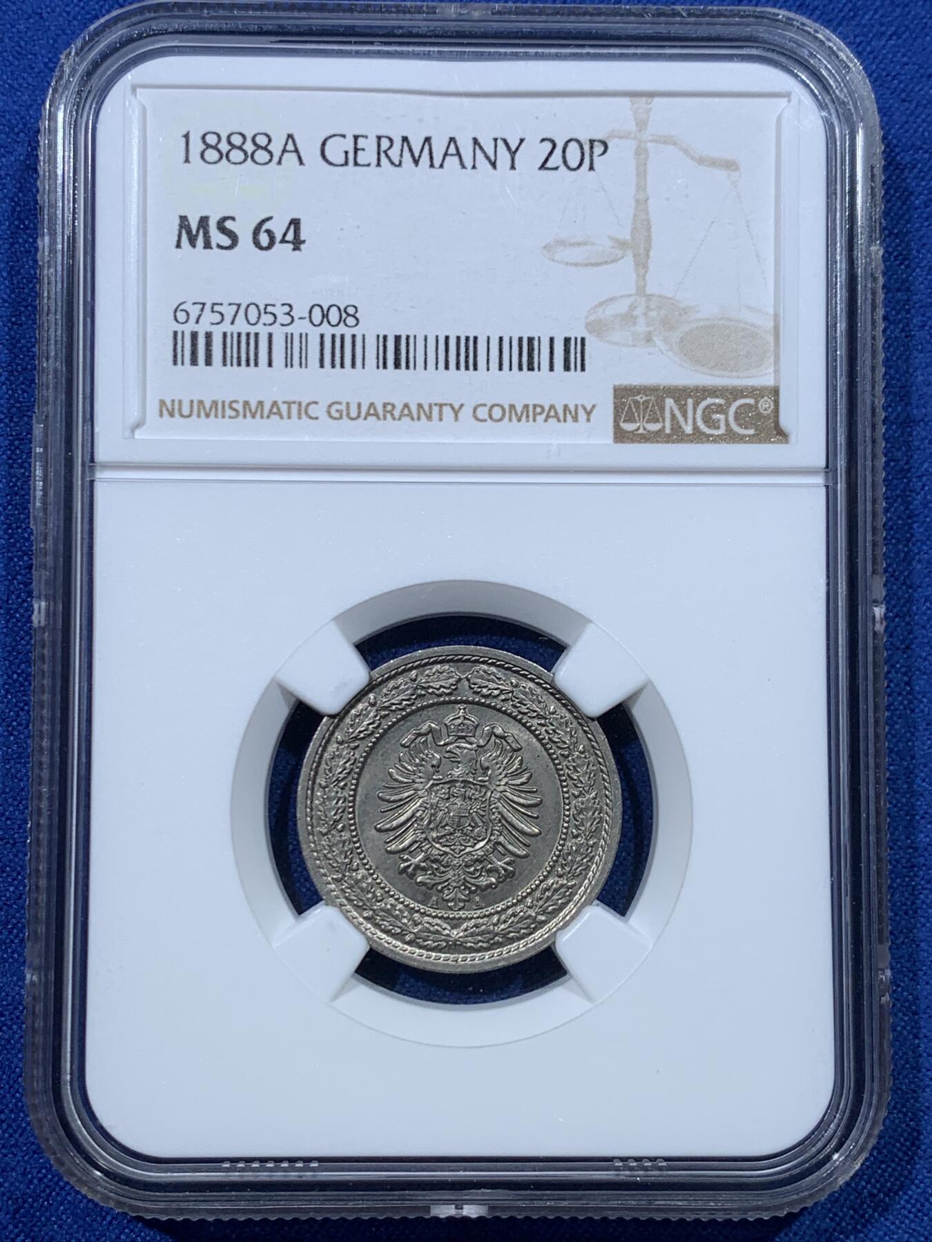 《竞宝斋》第352场 周日，周一 2场连拍 （全场包邮） NGC MS64 德国1888年20芬尼 短翅高分值得收藏!