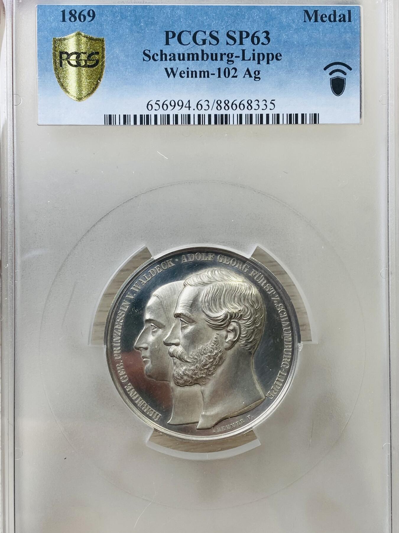 万国钱币拍卖第042期（蛇年首拍） PCGS SP63 1869年德国绍姆堡-利普银婚纪念大银章 大规格47MM 整体深度镜面 天使小邦高浮雕