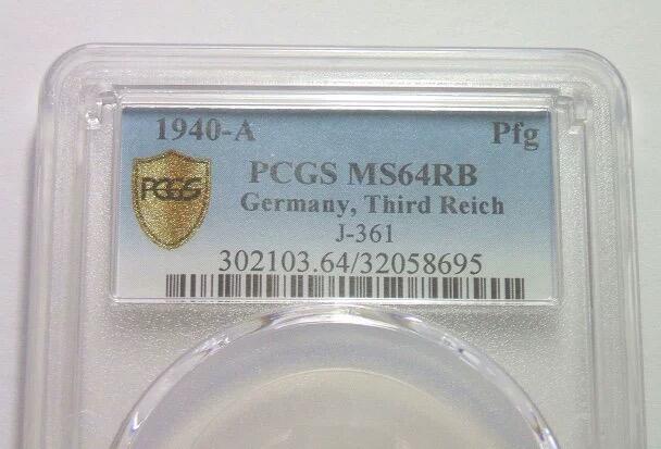 金盾PCGS MS64RB 德国第三帝国1940年1芬尼 难得开卷原光