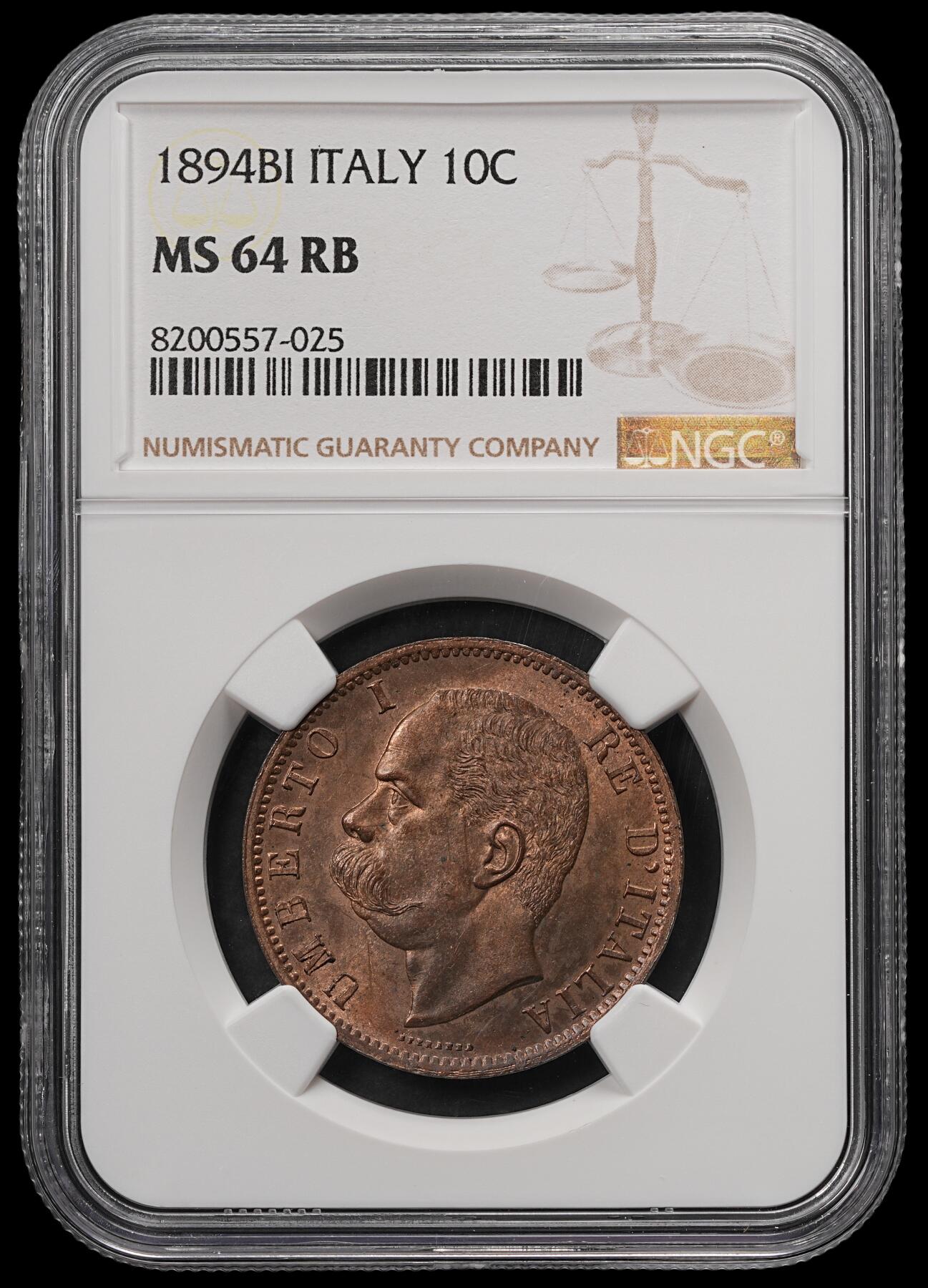 修遠堂世界钱币第五十七期 NGC MS64RB 1894年意大利10分铜币 BI厂铭