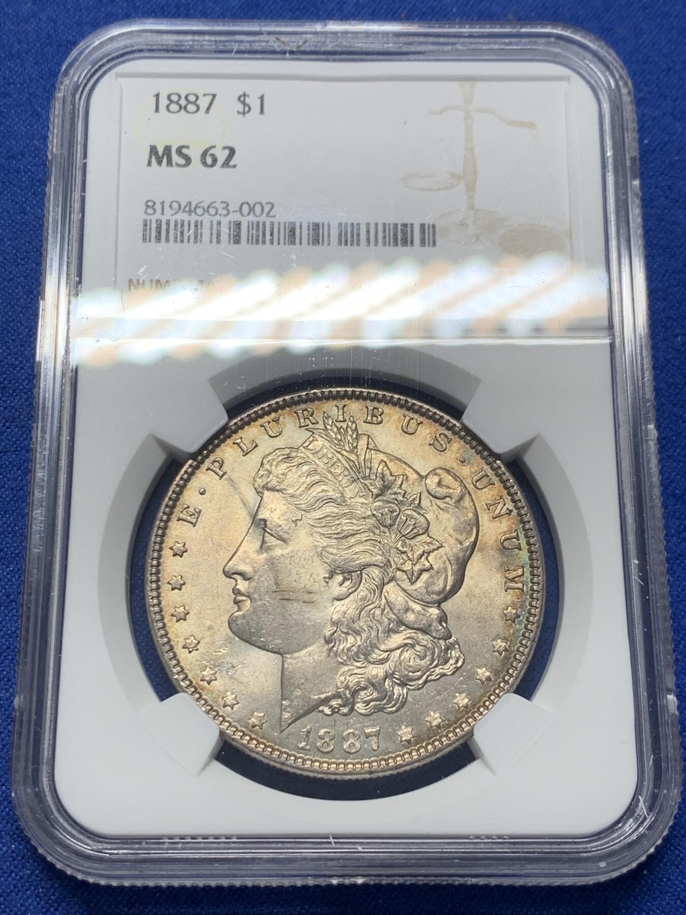《竞宝斋》第352场 周日，周一 2场连拍 （全场包邮） NGC MS62 美国1887年摩根1美圆银币