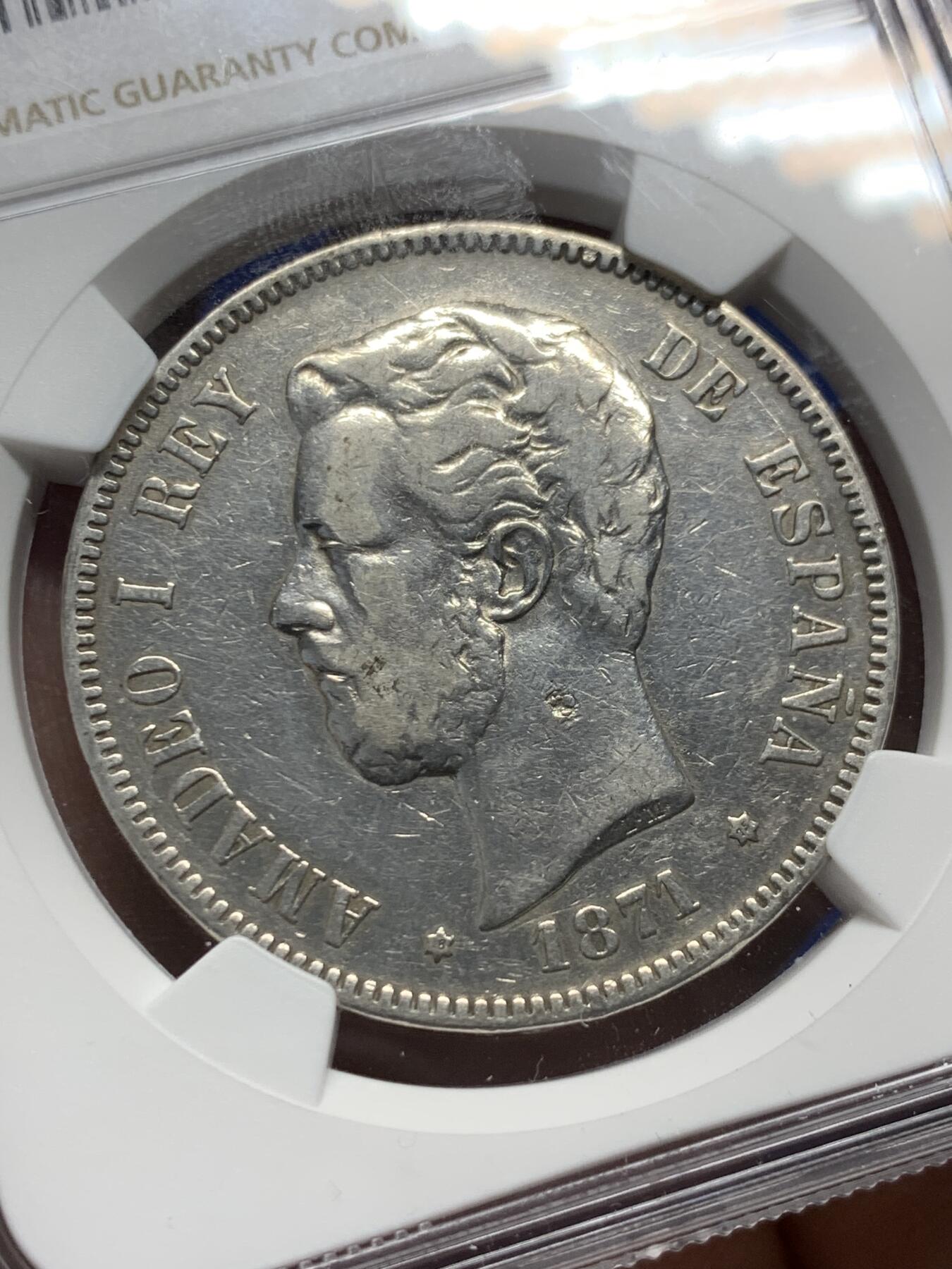 《竞宝斋》第352场 周日，周一 2场连拍 （全场包邮） NGC VFD 西班牙1871年阿玛迪奥一世青年像5比塞塔银币