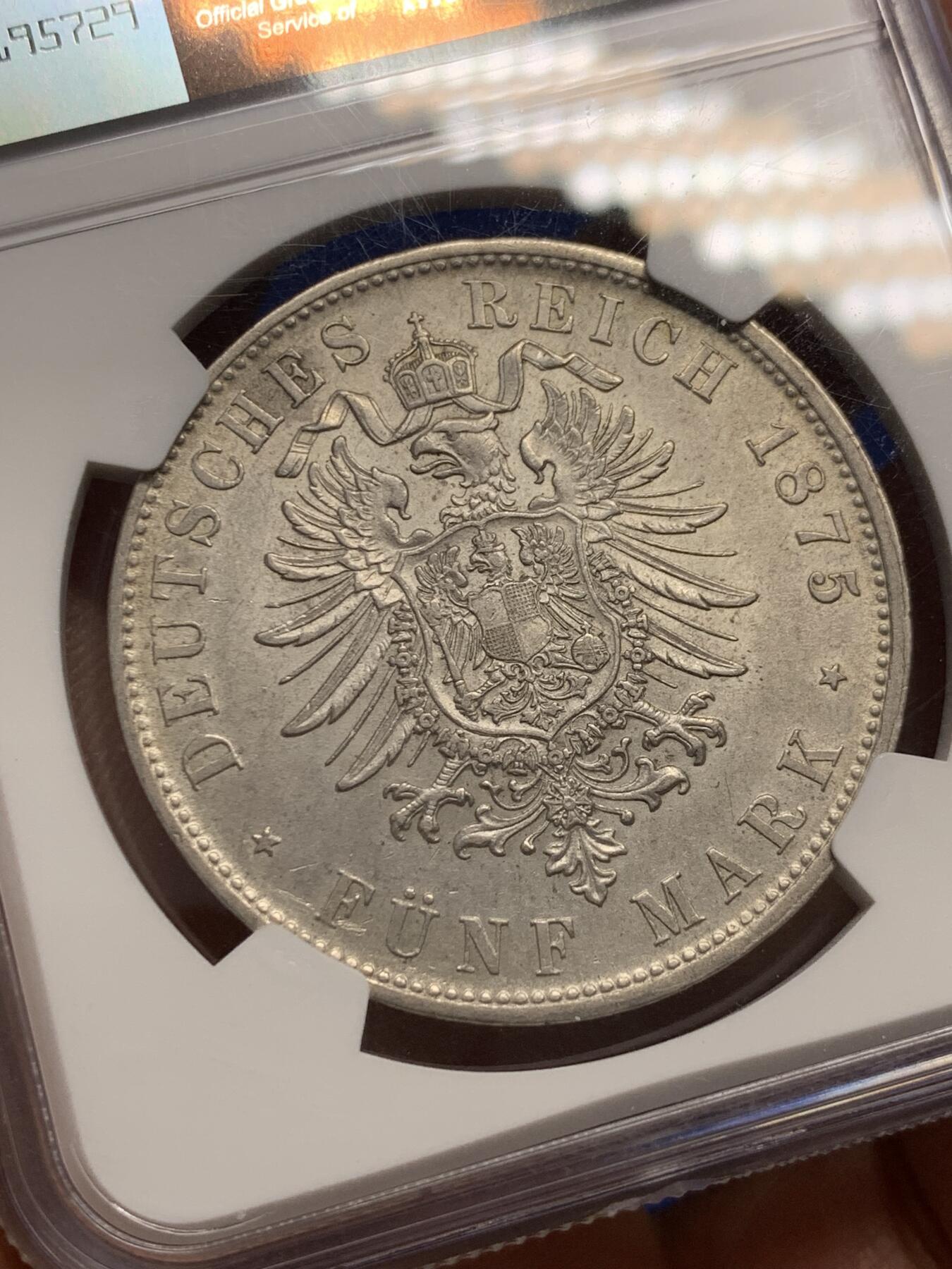 《竞宝斋》第352场 周日，周一 2场连拍 （全场包邮） NGC AU58 德国 巴伐利亚 1875年 路德维希二世5马克银币流通充分好品难觅，欧陆淡灰色包浆！