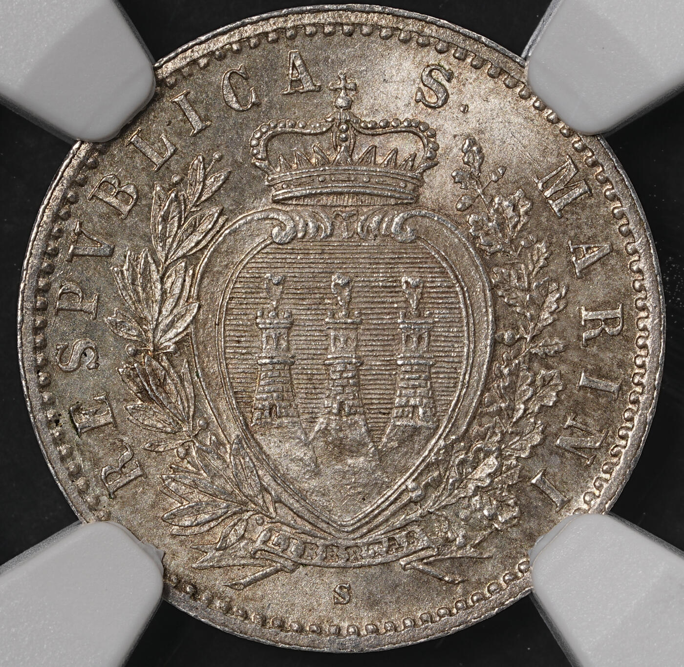 修遠堂世界钱币第五十七期 NGC MS65 1898年圣马力诺50分银币 纸袋包浆 仅铸造4万枚