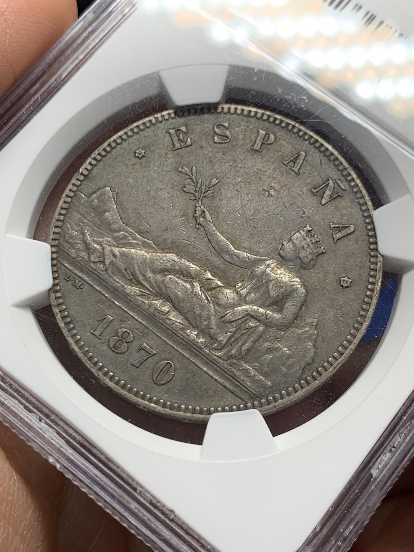 《竞宝斋》第352场 周日，周一 2场连拍 （全场包邮） NGC AU53 西班牙1870年拿花5比塞塔银币