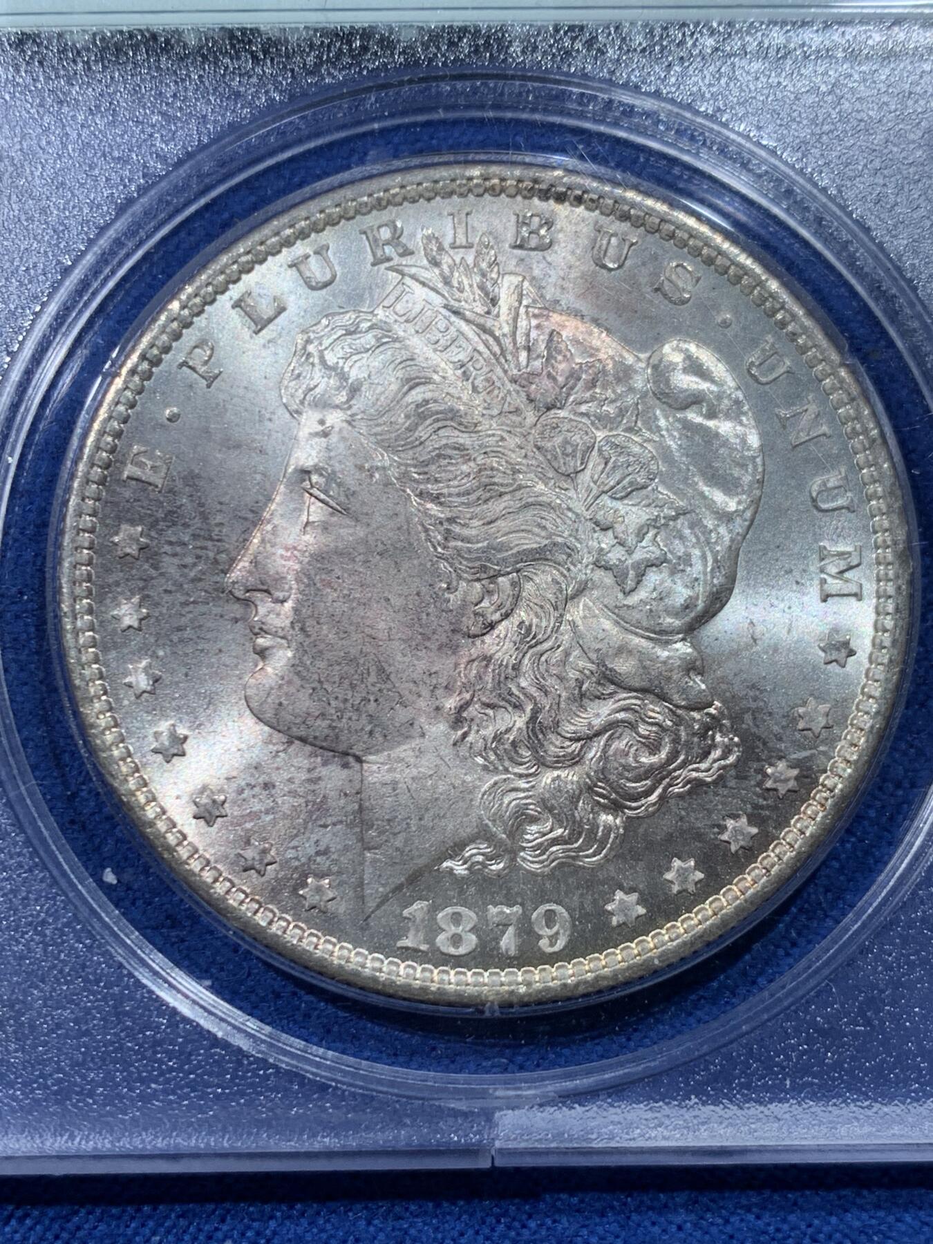 《竞宝斋》第352场 周日，周一 2场连拍 （全场包邮） PCGS MS64 美国 1879年 摩根1元银币 一代PCGS摇摇乐老盒子，既能欣赏还能摇着玩