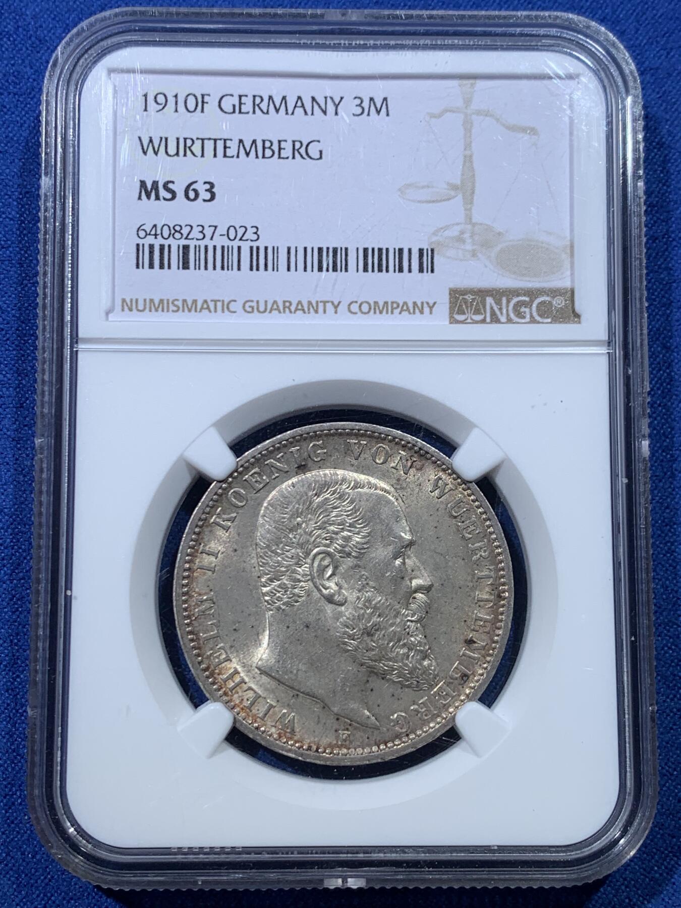 《竞宝斋》第352场 周日，周一 2场连拍 （全场包邮） NGC MS63 德国 符腾堡 1910年 威廉二世 3马克银币 高分少见