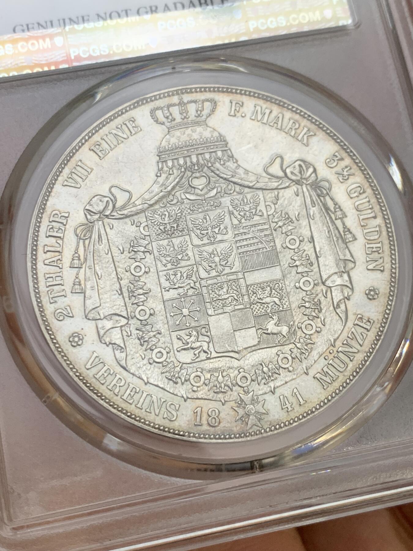 《竞宝斋》第352场 周日，周一 2场连拍 （全场包邮） PCGS AUD 1841A德国普鲁士威廉四世二泰勒 高点磨损较少 细节到位 在如今二泰勒价格起飞的情况下有较高性价比