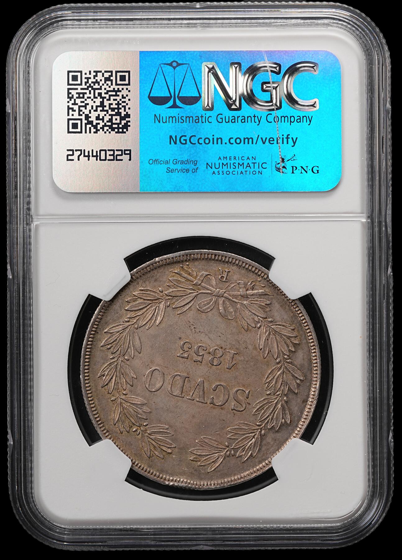 修遠堂世界钱币第五十七期 NGC UNCD 1853年教皇国1 SCUDO大银币 背面12点方向边缘一磕 老包浆