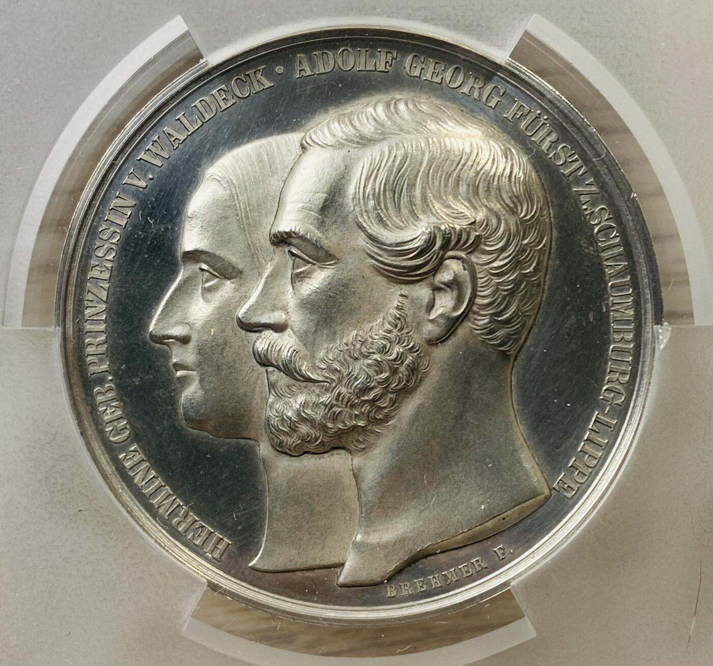 万国钱币拍卖第042期（蛇年首拍） PCGS SP63 1869年德国绍姆堡-利普银婚纪念大银章 大规格47MM 整体深度镜面 天使小邦高浮雕