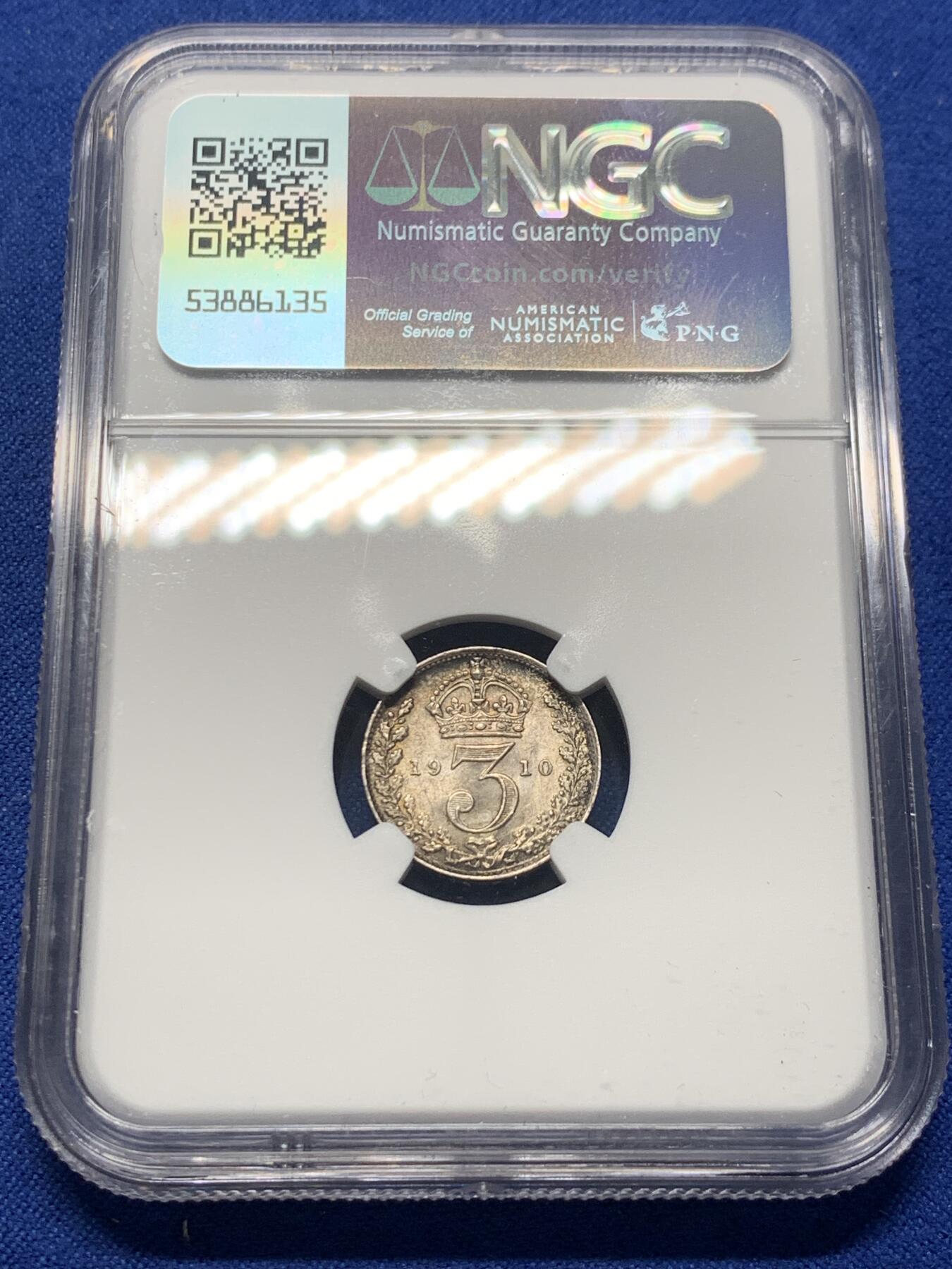 《竞宝斋》第352场 周日，周一 2场连拍 （全场包邮） NGC MS64 英国1910年爱德华七世3便士 包浆很好 高分难得少见年份