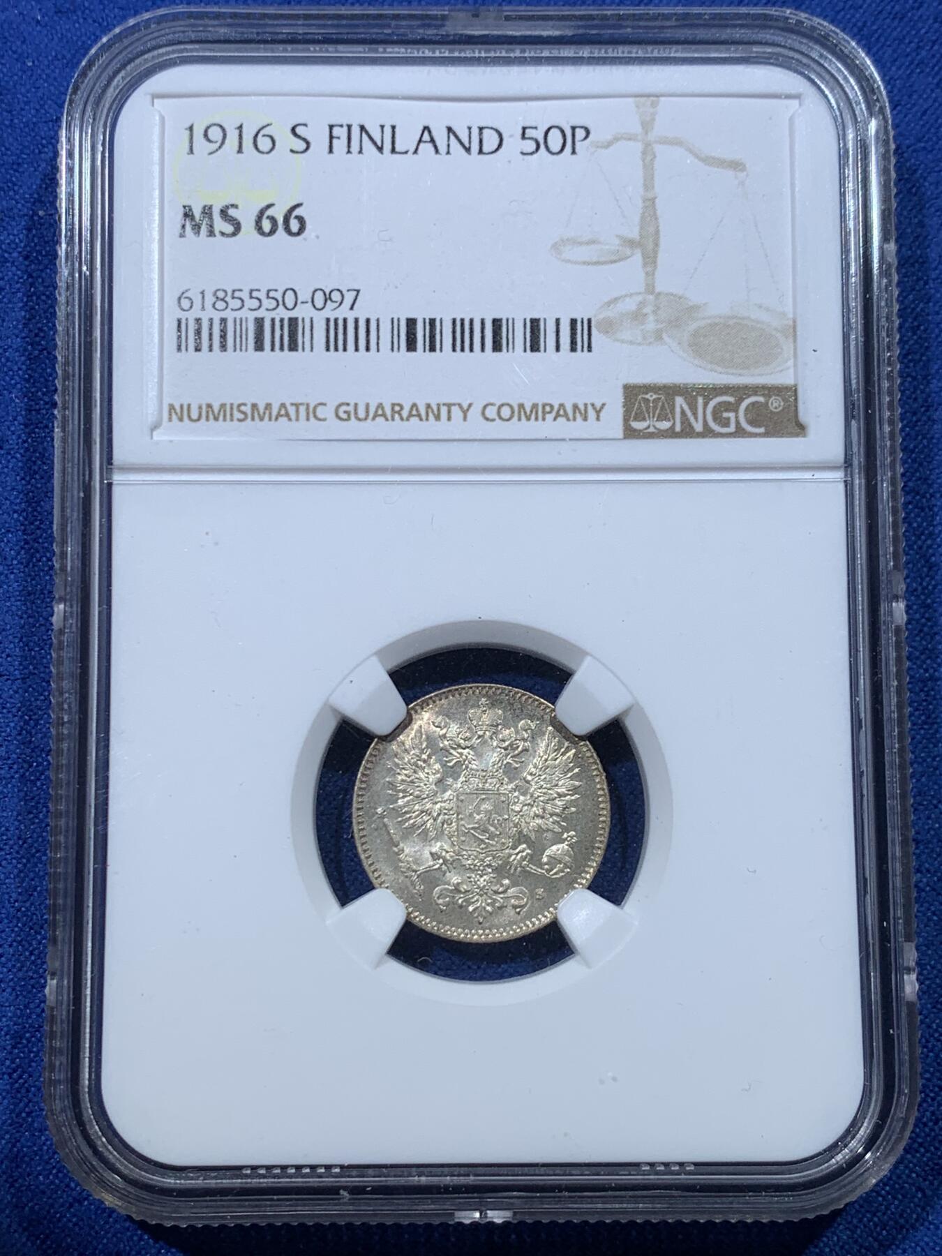《竞宝斋》第352场 周日，周一 2场连拍 （全场包邮） NGC MS66 芬兰1916年带皇冠50芬尼银币，难得的高分品质，藏家级别