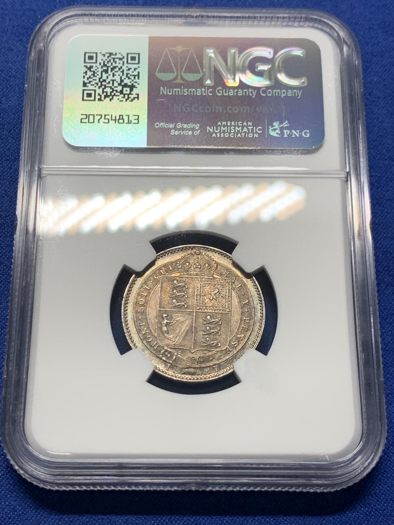 《竞宝斋》第352场 周日，周一 2场连拍 （全场包邮） NGC MS62 英国1887年维多利亚高冠1先令 酱彩包浆 很难得