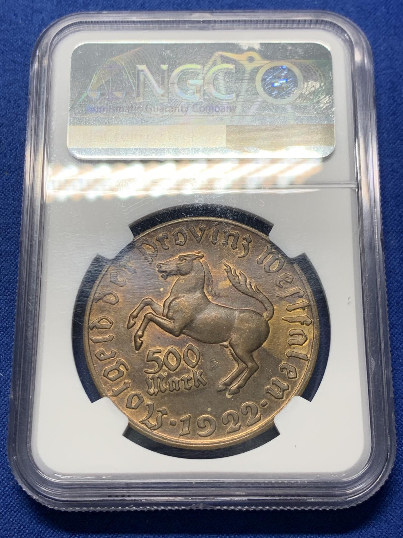 《竞宝斋》第352场 周日，周一 2场连拍 （全场包邮） NGC MS62BN 德国紧急时刻1922年威斯特法伦500马克大马币 铜币