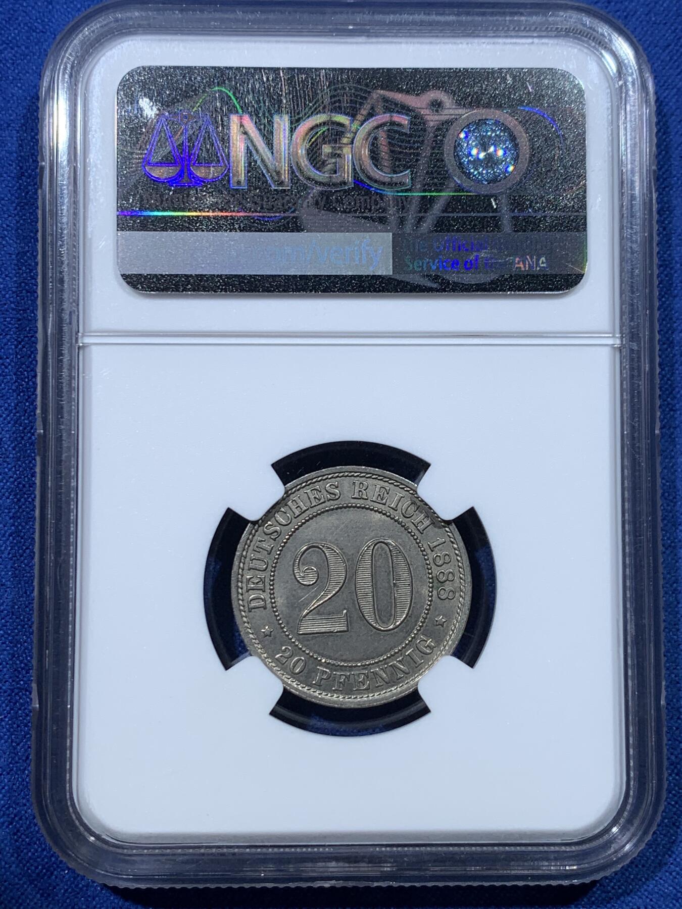 《竞宝斋》第352场 周日，周一 2场连拍 （全场包邮） NGC MS64 德国1888年20芬尼 短翅高分值得收藏!