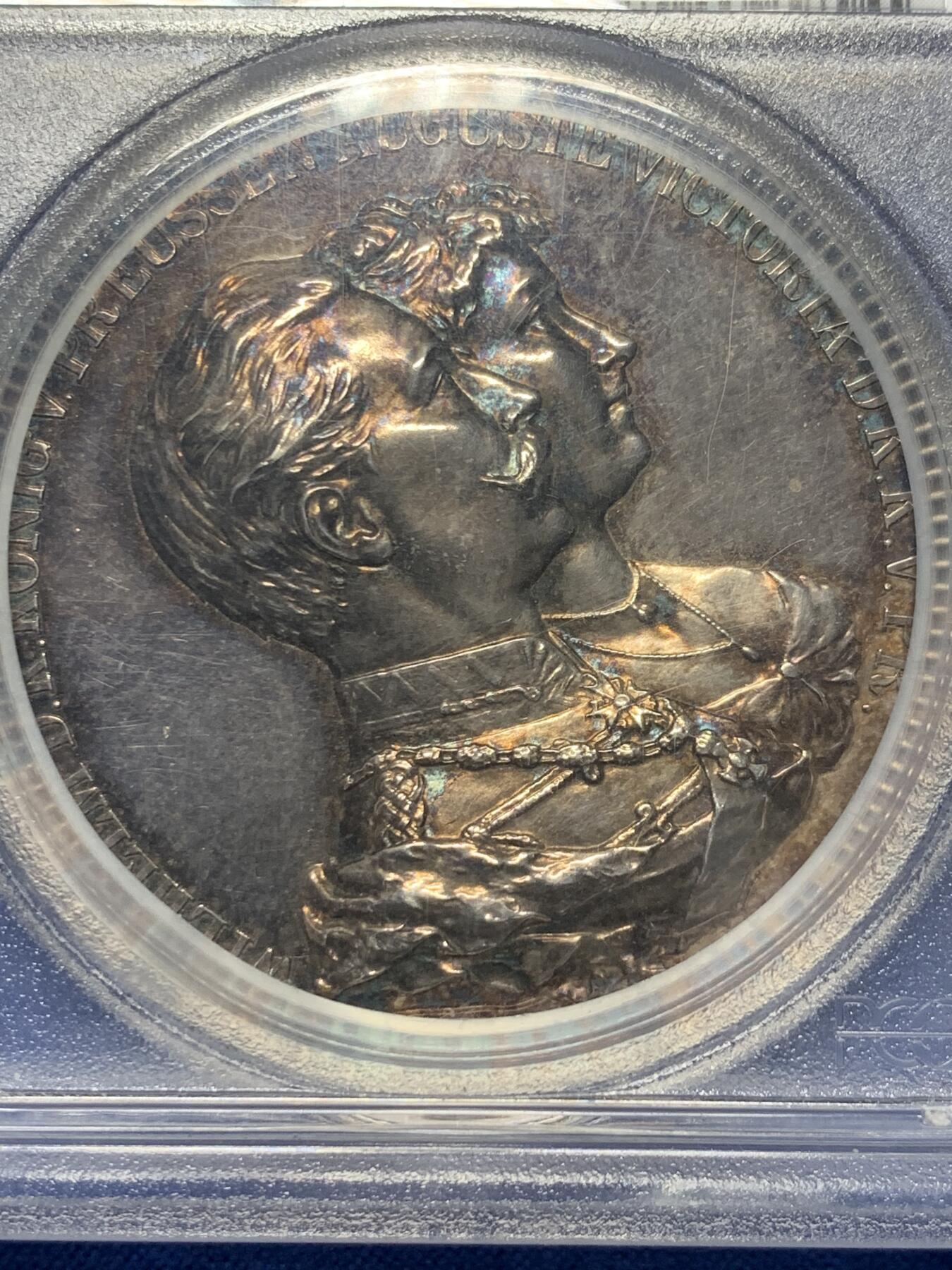 《竞宝斋》第352场 周日，周一 2场连拍 （全场包邮） PCGS SP64 德国1889年普鲁士威廉二世结婚银章 加厚盒 状态不错