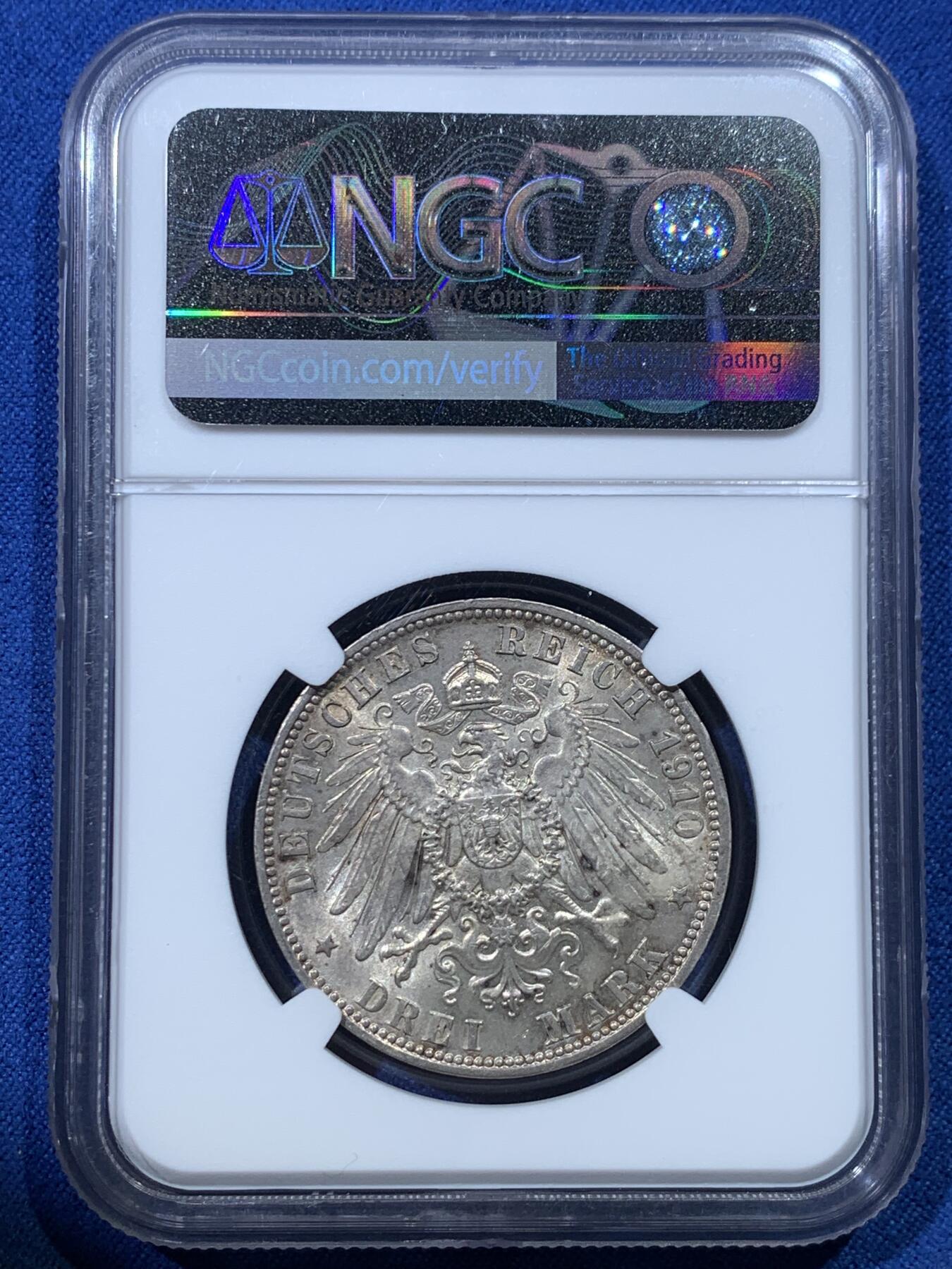 《竞宝斋》第352场 周日，周一 2场连拍 （全场包邮） NGC MS63 德国 符腾堡 1910年 威廉二世 3马克银币 高分少见