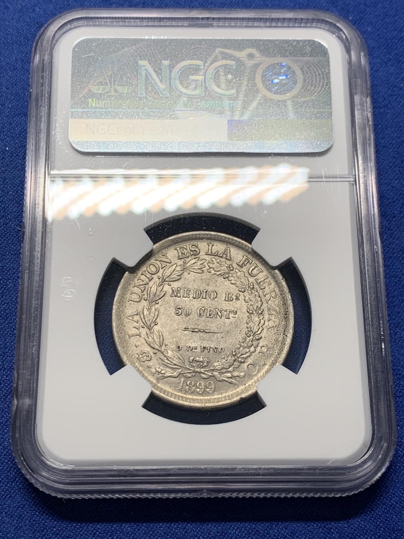 《竞宝斋》第352场 周日，周一 2场连拍 （全场包邮） NGC MS63 玻利维亚1899年50分银币