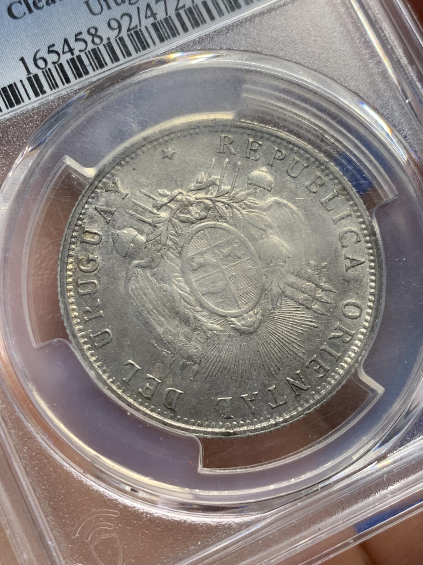 《竞宝斋》第352场 周日，周一 2场连拍 （全场包邮） PCGS UNC 乌拉圭 1894年 50分 银币 轻微清洗