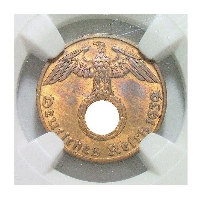 NGC MS64RB 德国第三帝国1939年J版1芬尼 难得开卷原光