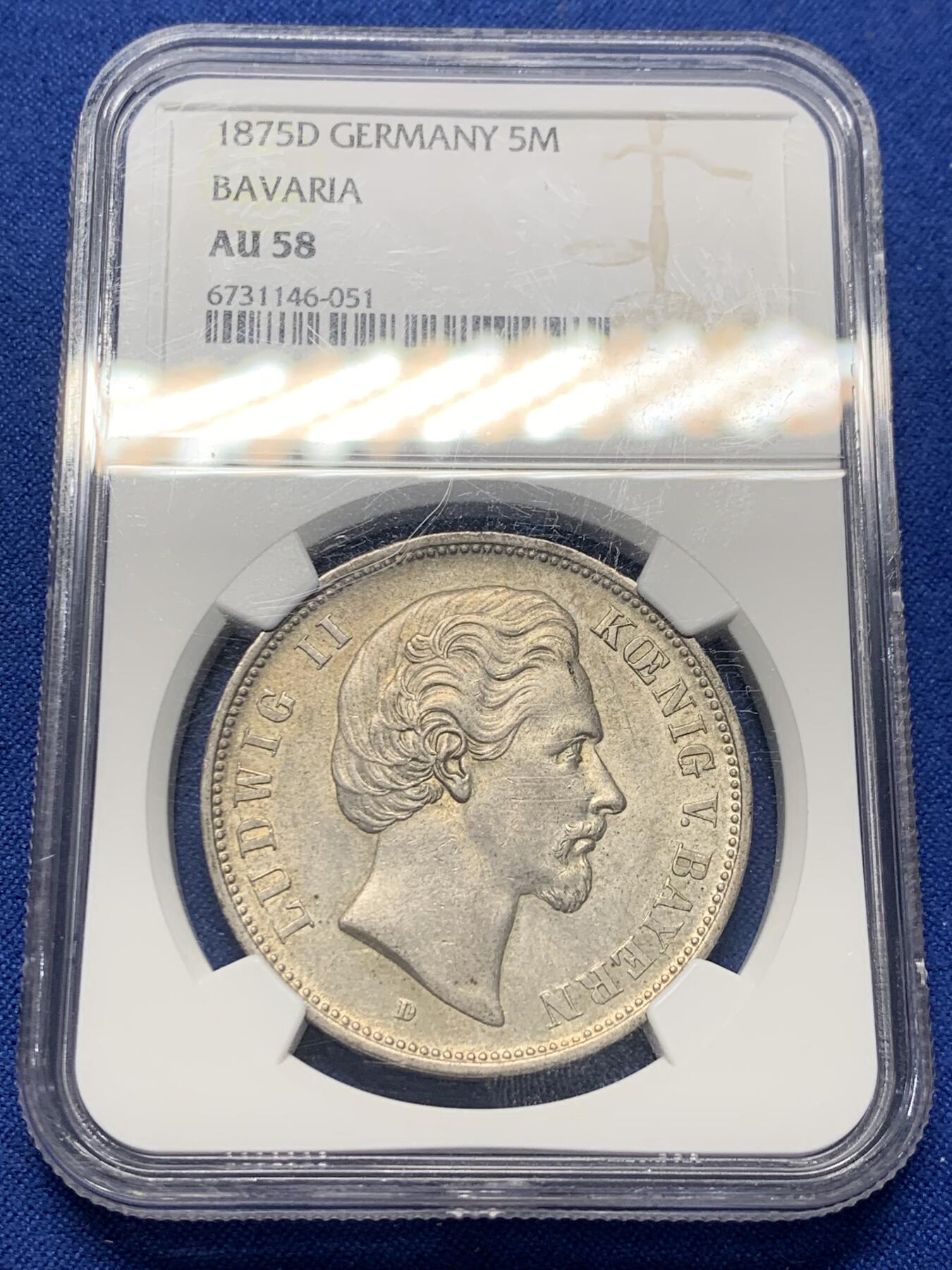 《竞宝斋》第352场 周日，周一 2场连拍 （全场包邮） NGC AU58 德国 巴伐利亚 1875年 路德维希二世5马克银币流通充分好品难觅，欧陆淡灰色包浆！