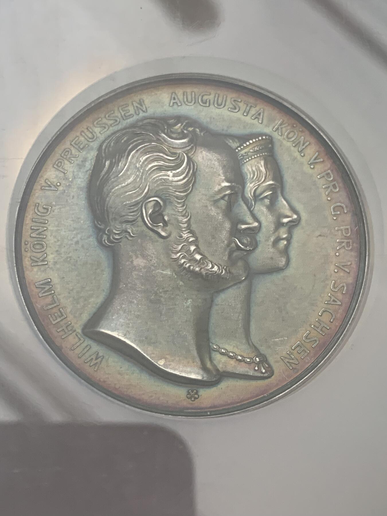 《竞宝斋》第352场 周日，周一 2场连拍 （全场包邮） NGC MS63 德国1931年普鲁士威廉一世结婚纪念大银章 五彩包浆 十分养眼 51mm大规格  加大加厚盒难得