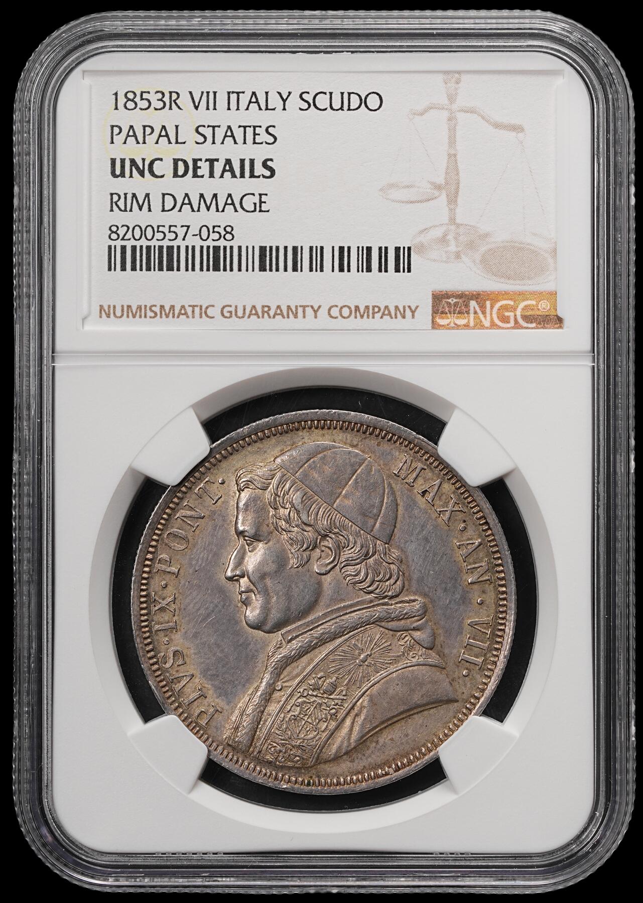 修遠堂世界钱币第五十七期 NGC UNCD 1853年教皇国1 SCUDO大银币 背面12点方向边缘一磕 老包浆