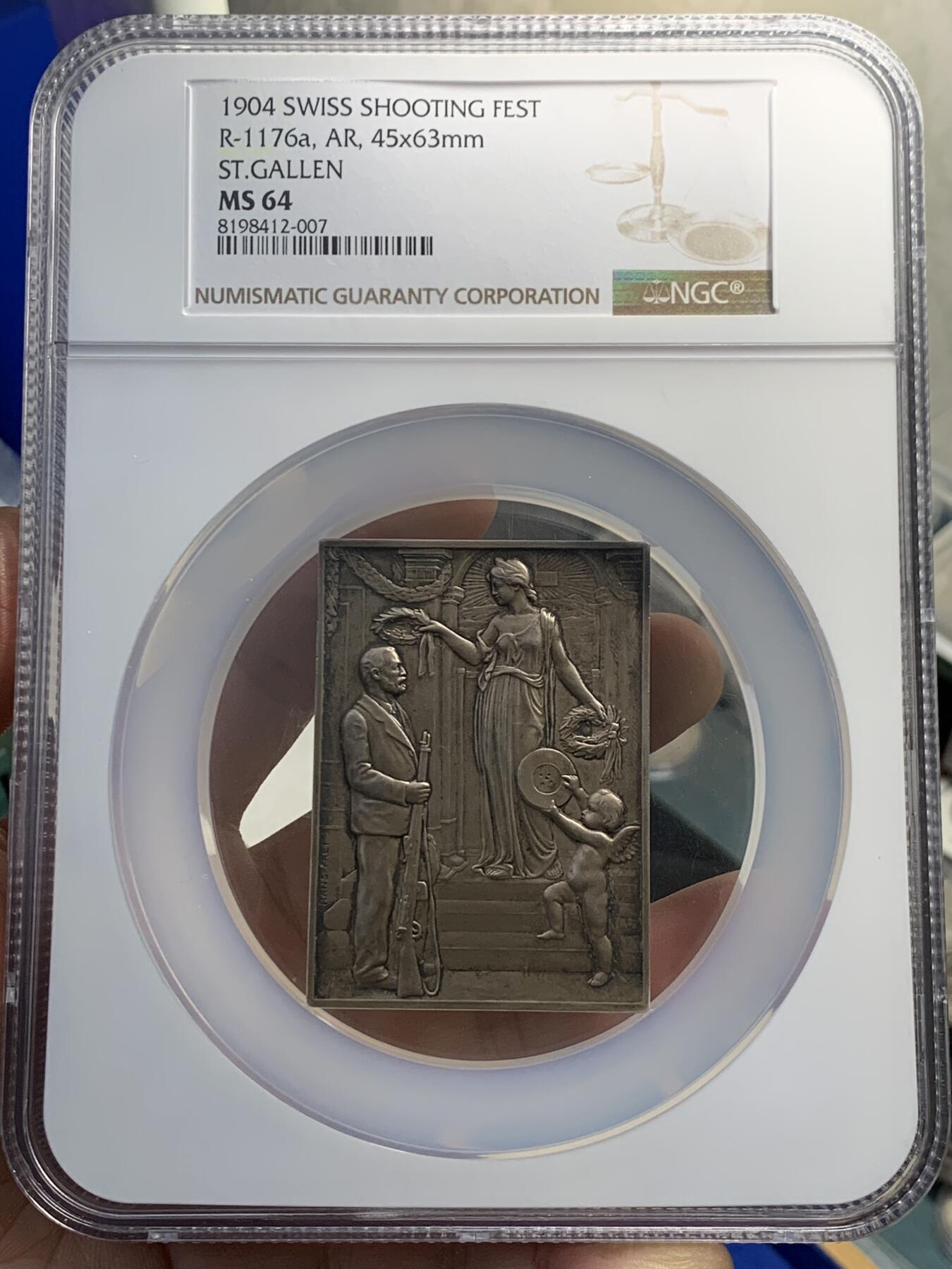 《竞宝斋》第352场 周日，周一 2场连拍 （全场包邮） NGC MS64 高分瑞士大银章  1904年圣加仑射击节（Hans Frei作品）尺寸：63 *45mm 重量：64克