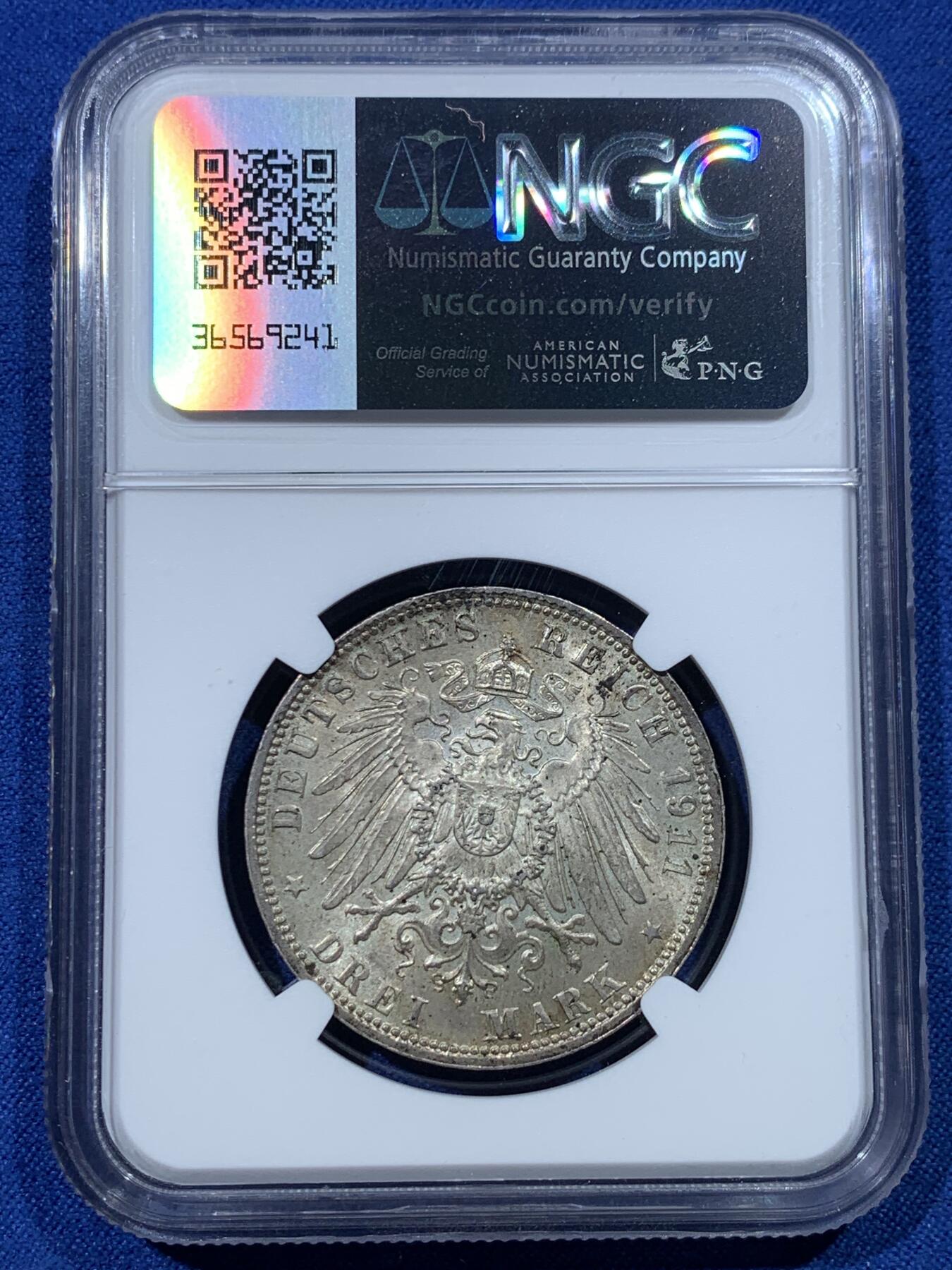 《竞宝斋》第352场 周日，周一 2场连拍 （全场包邮） NGC MS64 德国巴伐利亚1911年利奥波德3马克银币