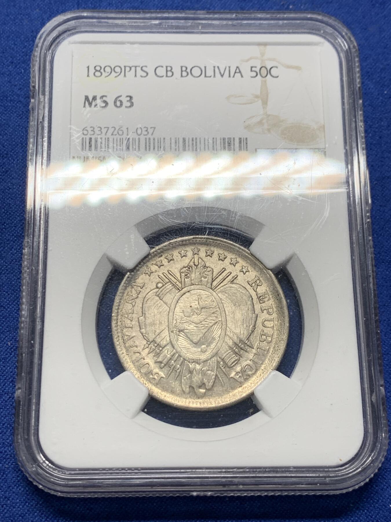 《竞宝斋》第352场 周日，周一 2场连拍 （全场包邮） NGC MS63 玻利维亚1899年50分银币