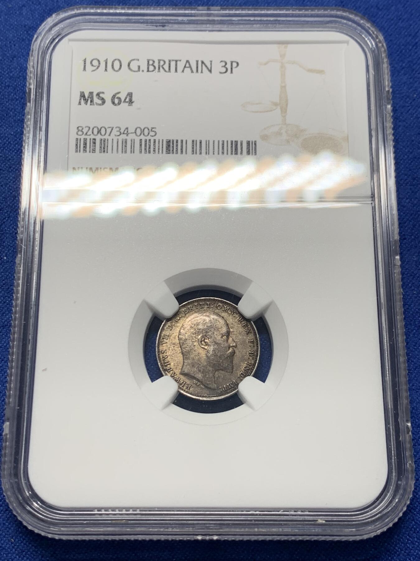 《竞宝斋》第352场 周日，周一 2场连拍 （全场包邮） NGC MS64 英国1910年爱德华七世3便士 包浆很好 高分难得少见年份