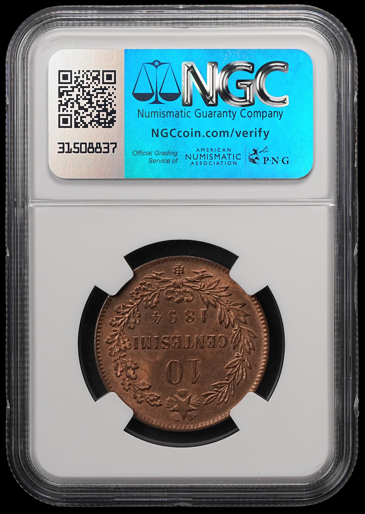 修遠堂世界钱币第五十七期 NGC MS64RB 1894年意大利10分铜币 BI厂铭