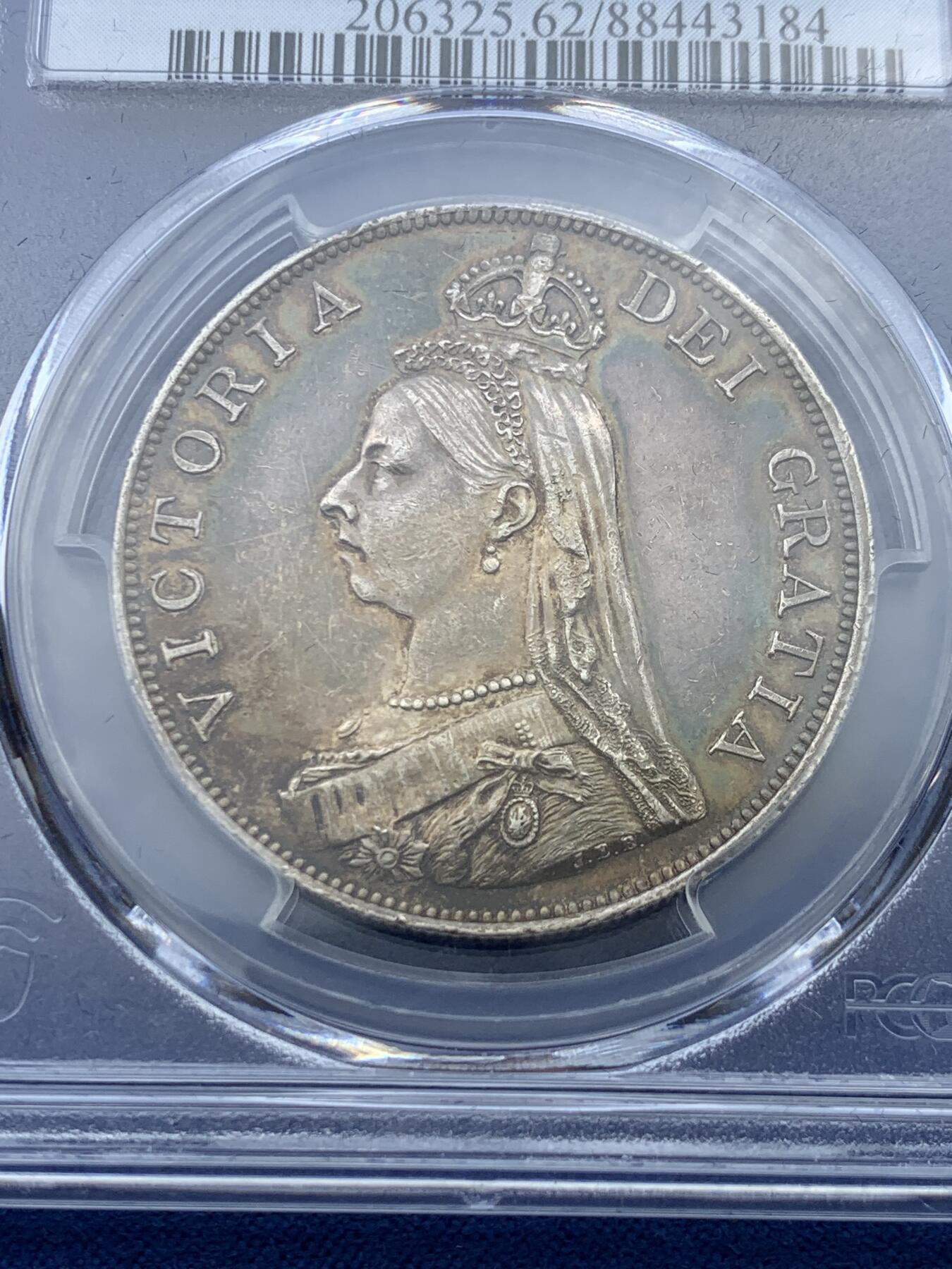 《竞宝斋》第352场 周日，周一 2场连拍 （全场包邮） PCGS MS62 英国 1887年 维多利亚双弗洛林 非常漂亮的包浆 状态非常好