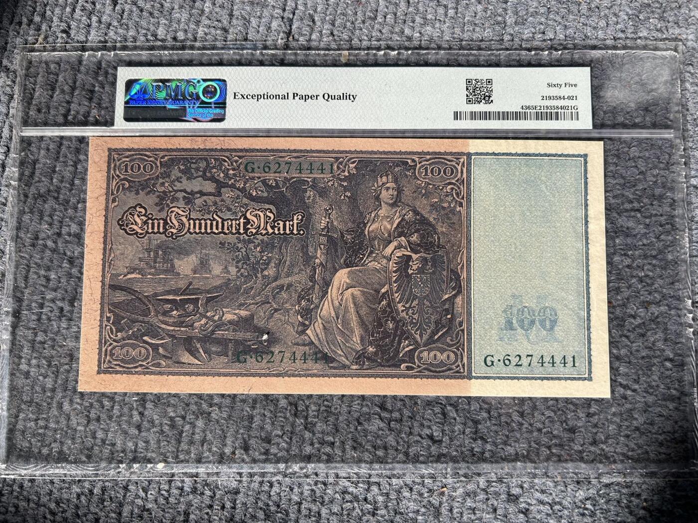 收藏联盟Quantum Auction 第407期拍卖 @征集拍品 长期供货可享分佣福利 1910年德国100马克 绿色序列号 PMG65E