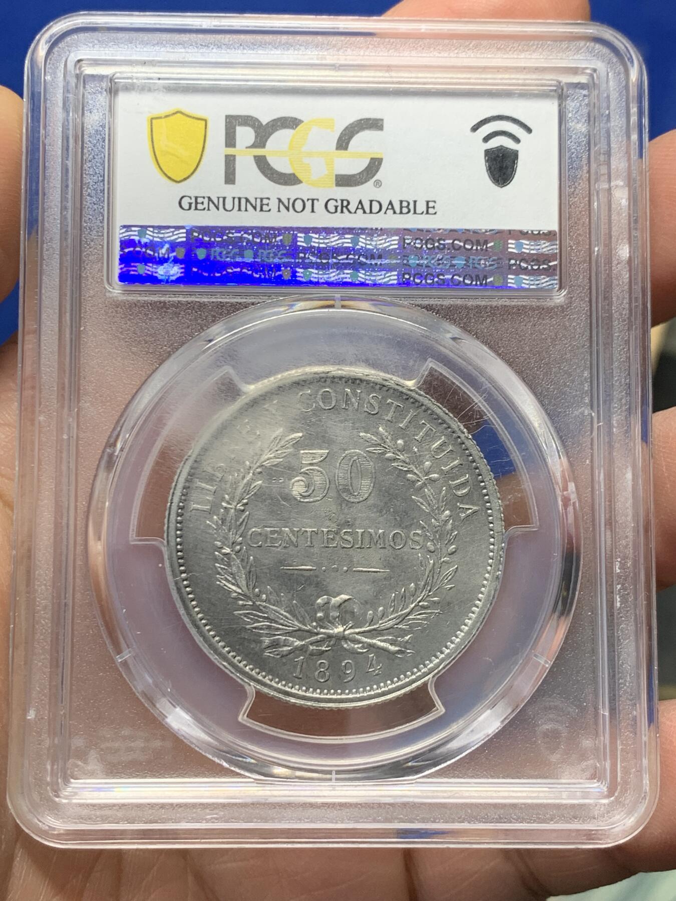 《竞宝斋》第352场 周日，周一 2场连拍 （全场包邮） PCGS UNC 乌拉圭 1894年 50分 银币 轻微清洗