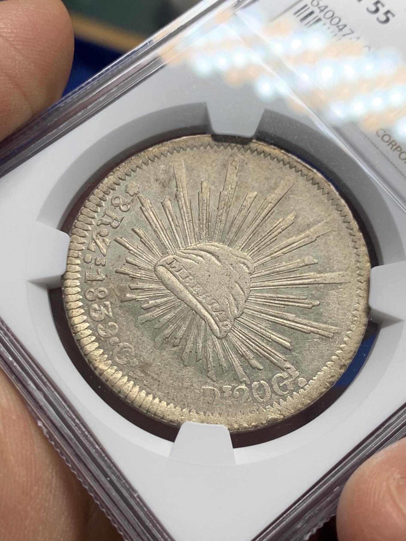 《竞宝斋》第352场 周日，周一 2场连拍 （全场包邮） NGC AU55 墨西哥1839年8r鹰洋 早期鹰洋ZS厂出分不易