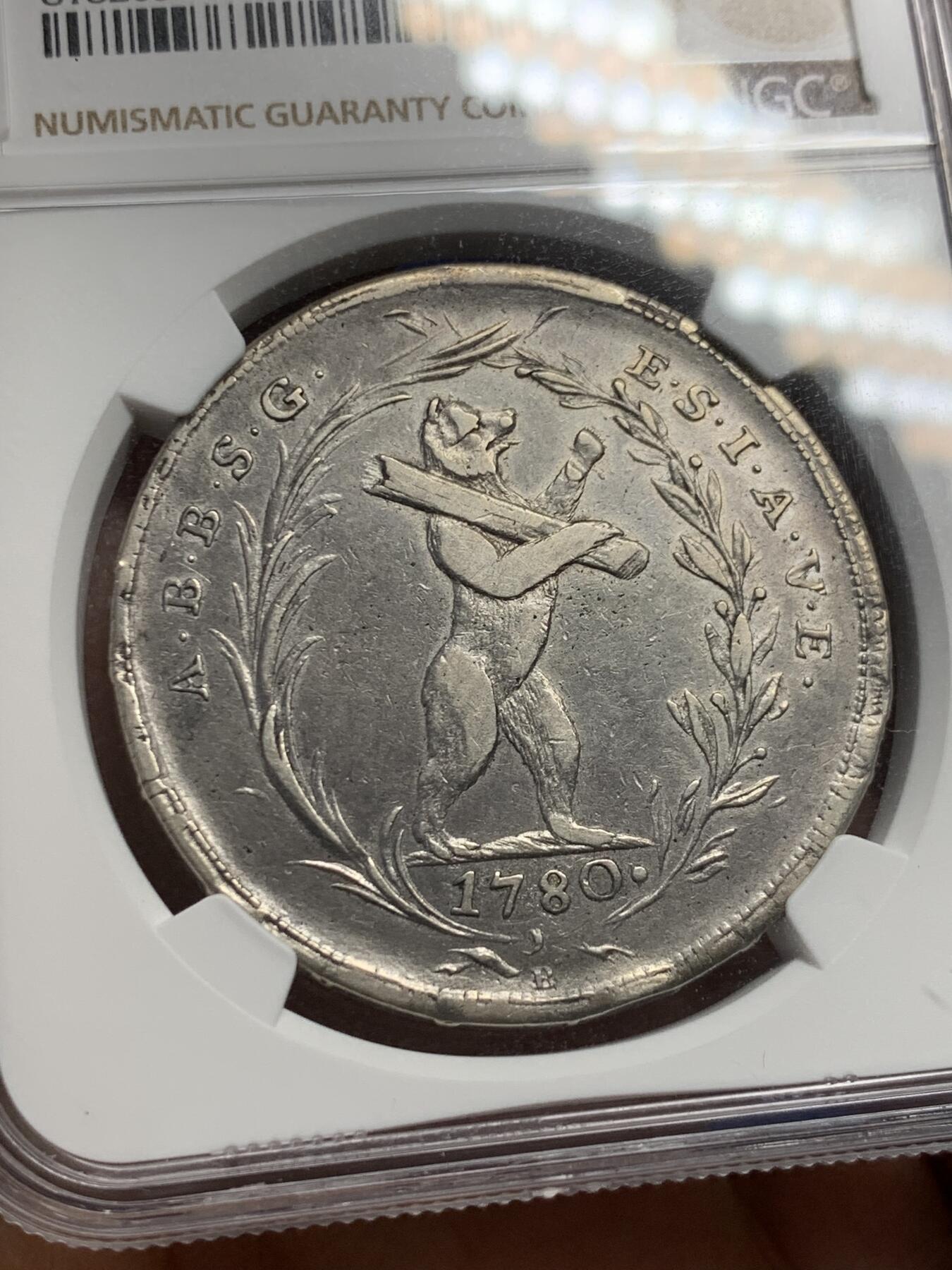 《竞宝斋》第352场 周日，周一 2场连拍 （全场包邮） NGC VF35 瑞士 1780年 圣加伦 小熊 泰勒大银币 独年流通币 少见版本