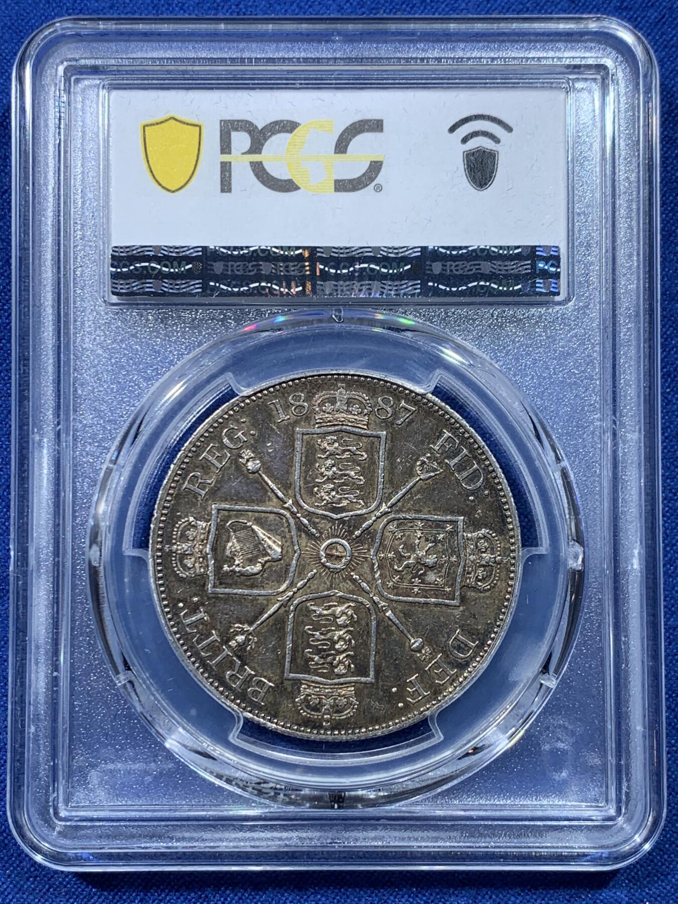 《竞宝斋》第352场 周日，周一 2场连拍 （全场包邮） PCGS MS62 英国 1887年 维多利亚双弗洛林 非常漂亮的包浆 状态非常好